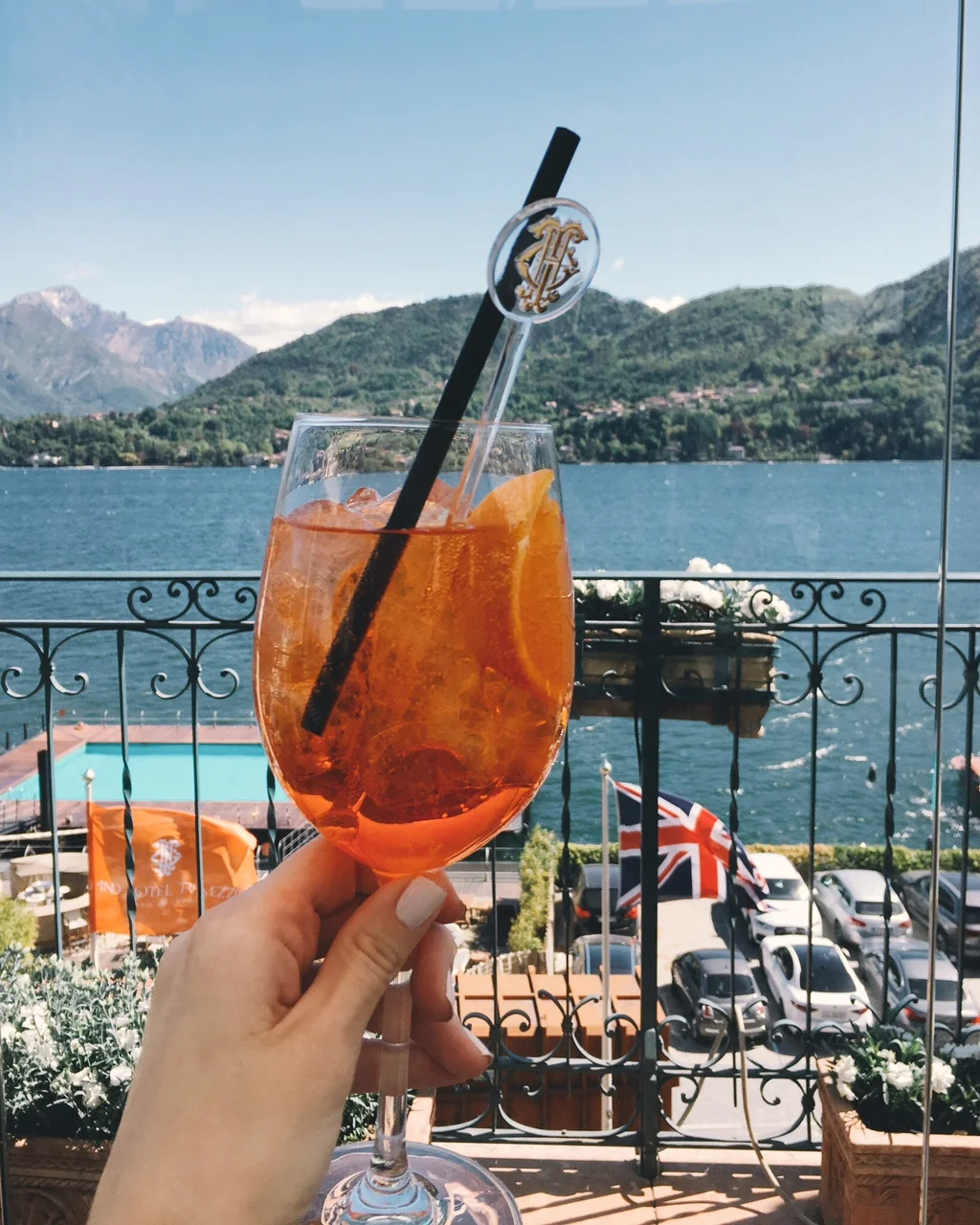 Aperol Spritz from Grand Hotel Tremezzo T Bar with view of Lake Como