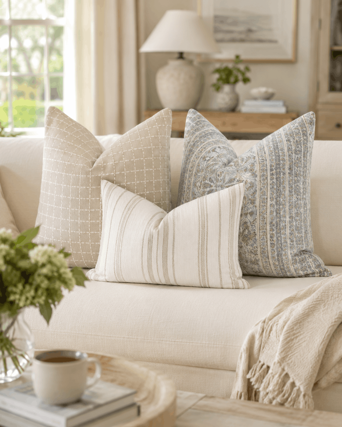 vintage coastal living room design the inspired abode blue neutral tone pillow set