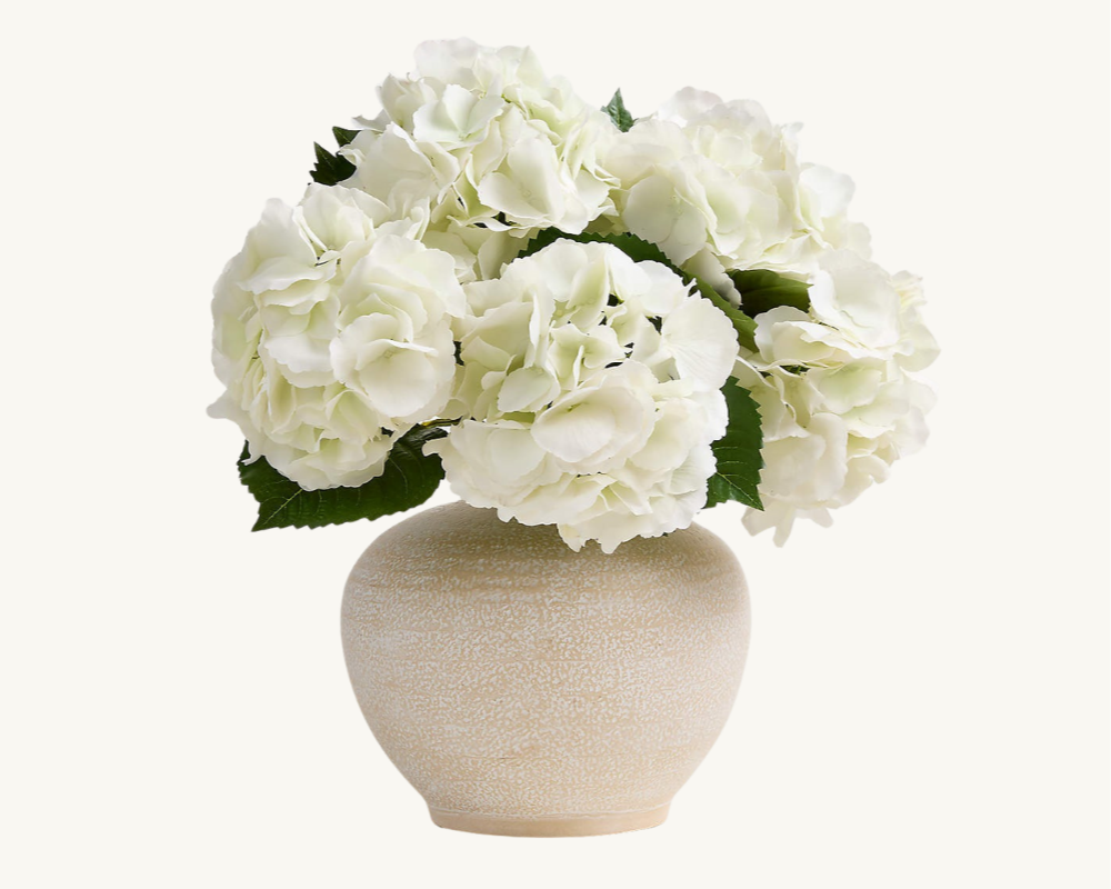 coastal living room design moodboard ceramic vase and real touch hydrangeas jeff leatham x williams sonoma