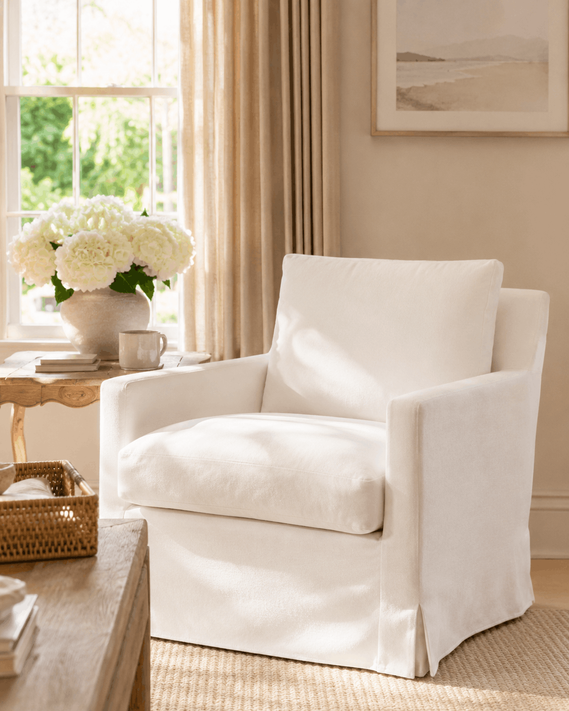 vintage coastal living room style design inspiration slipcover arm chair white design with layered coastal look