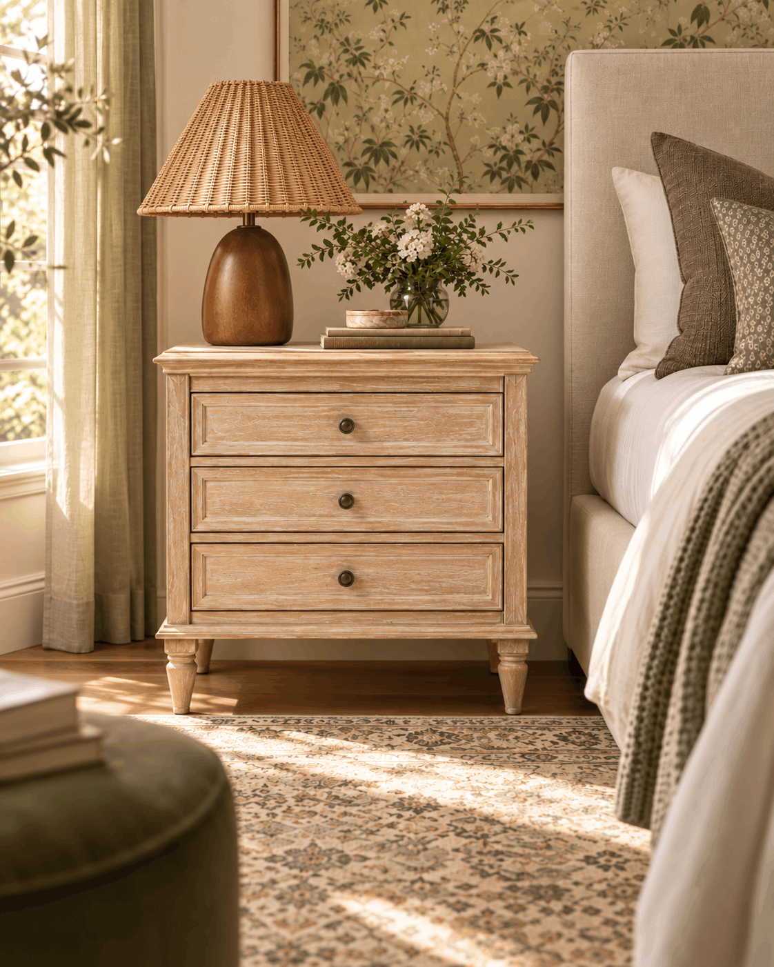 cozy moody feminine bedroom design nightstand with wood base and rattan shade