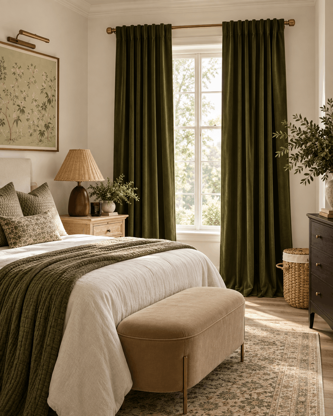 side view of cozy moody feminine bedroom design for fall brown green tones