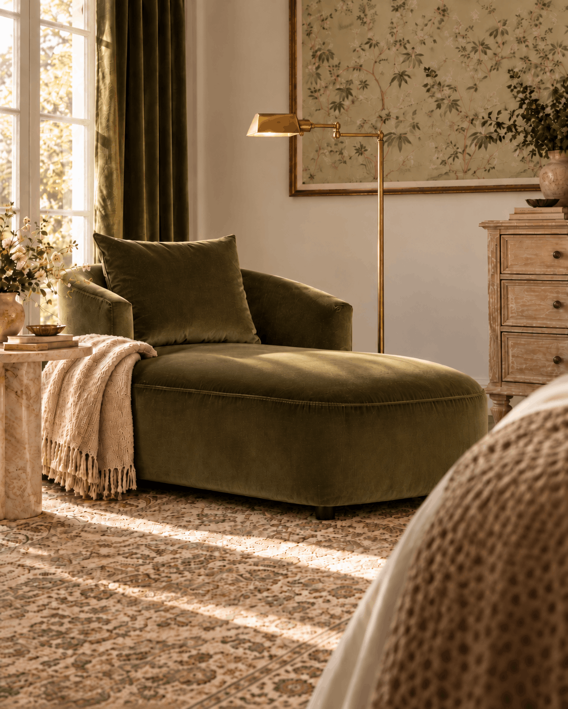 del mar chaise velvet furniture with chinoiserie print moody feminine bedroom design