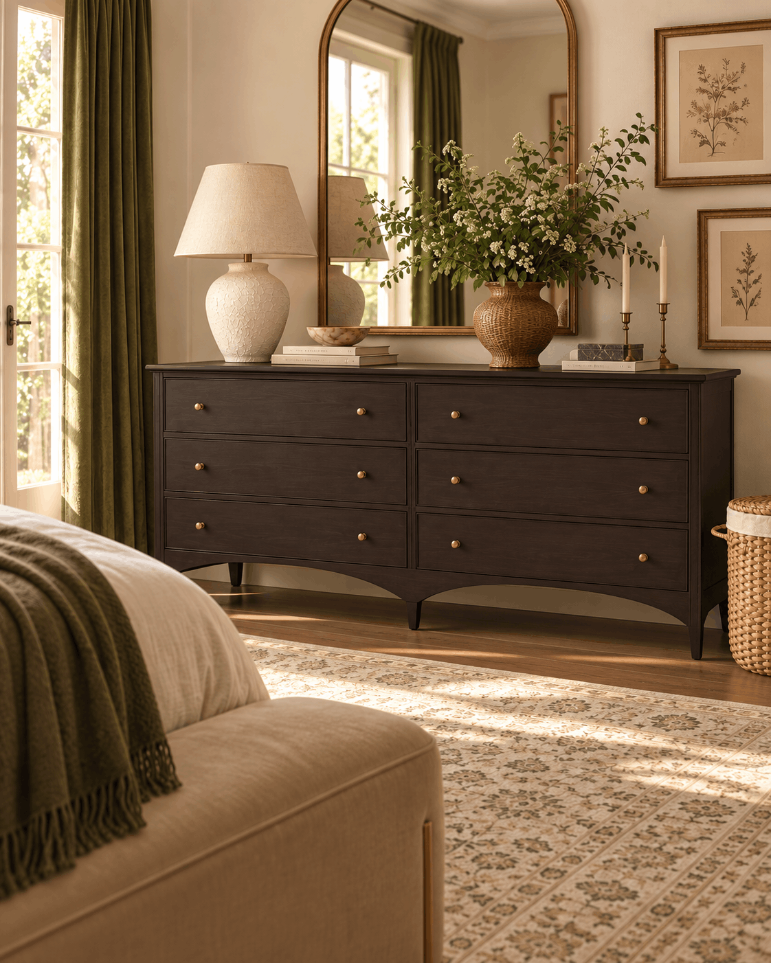 cozy moody feminine bedroom design with cleo espresso dresser le mae ceramic lamp