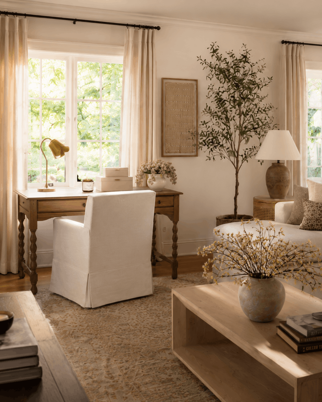 Nancy meyers living room style design inspiration desk in front of window like something’s gotta give diane keaton