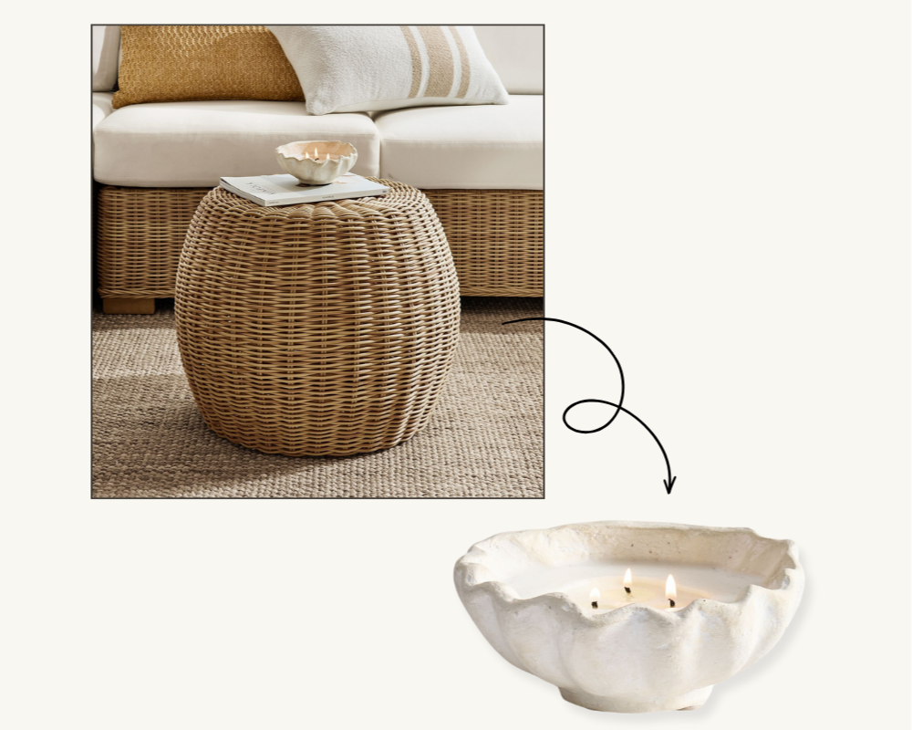 artisan studio clam shell candle coastal living room design