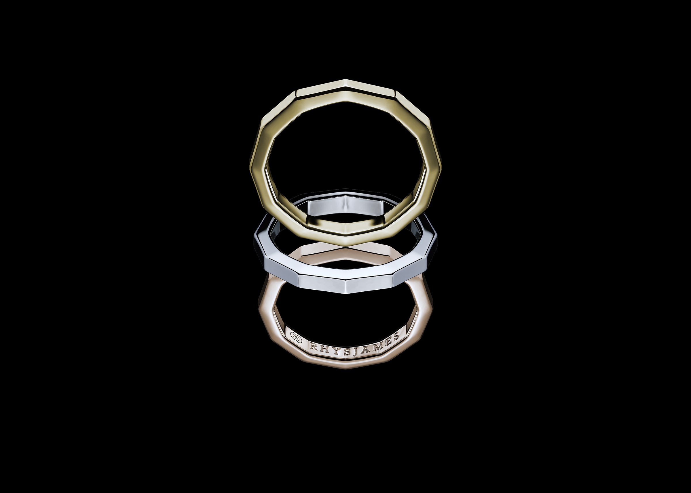 Voyager Rings in 18ct yellow, white and pink gold.