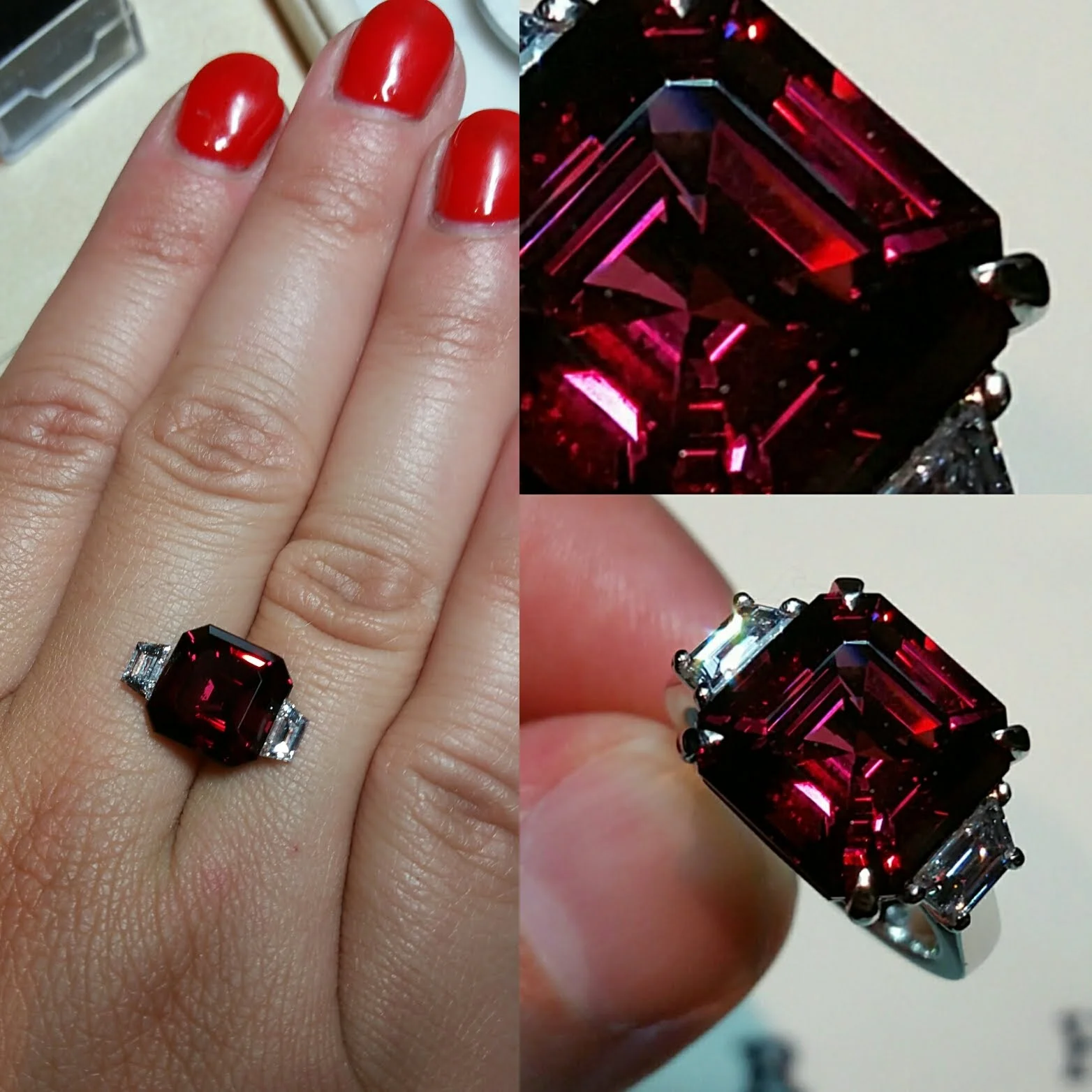 Engagement ring by Rhys James, special order featuring Asscher cut Rhodolite of 8.53 carats with two trapezoid baguette cut diamonds claw set in platinum.