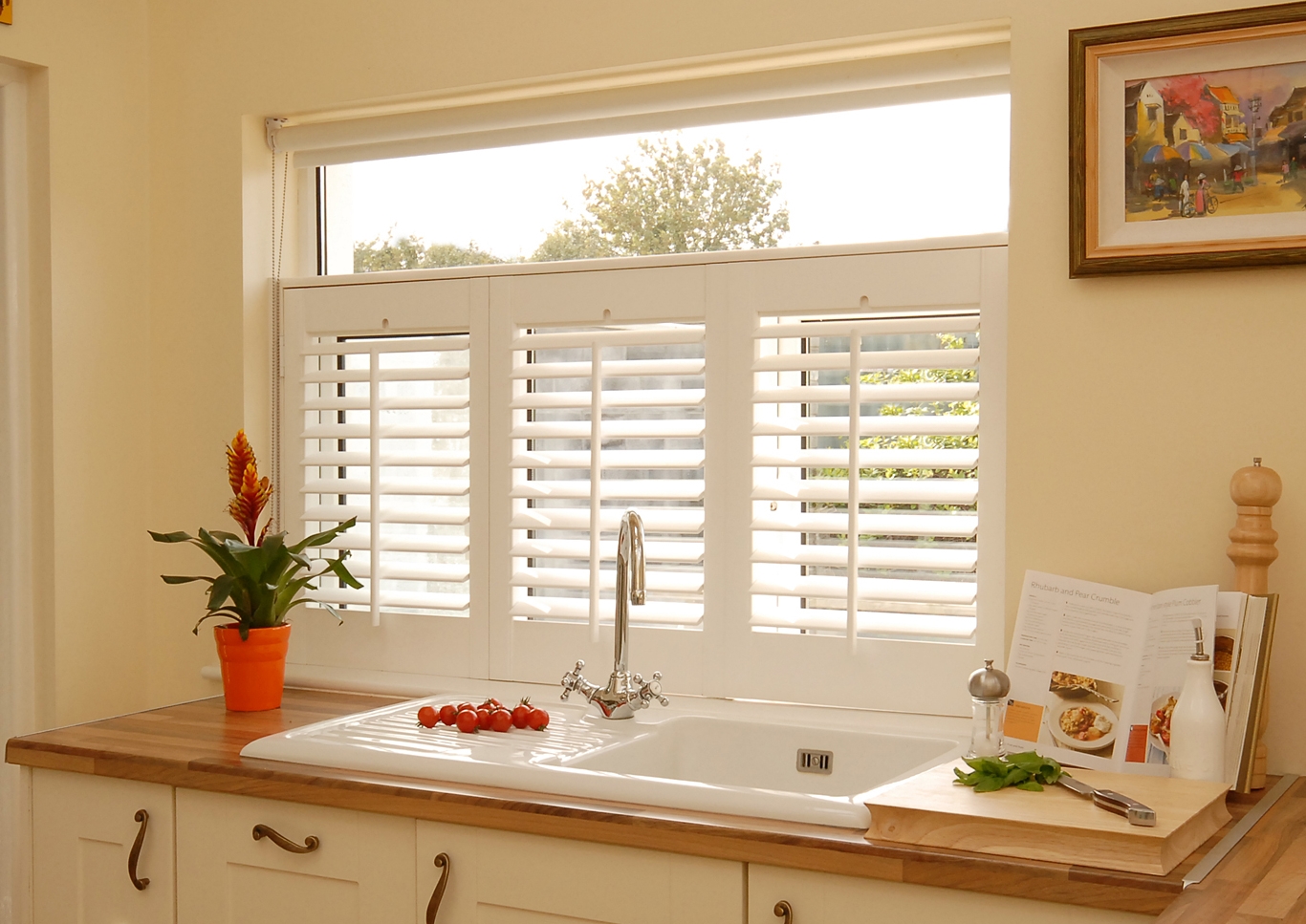 Café Style Plantation Shutters over a Kitchen Sink