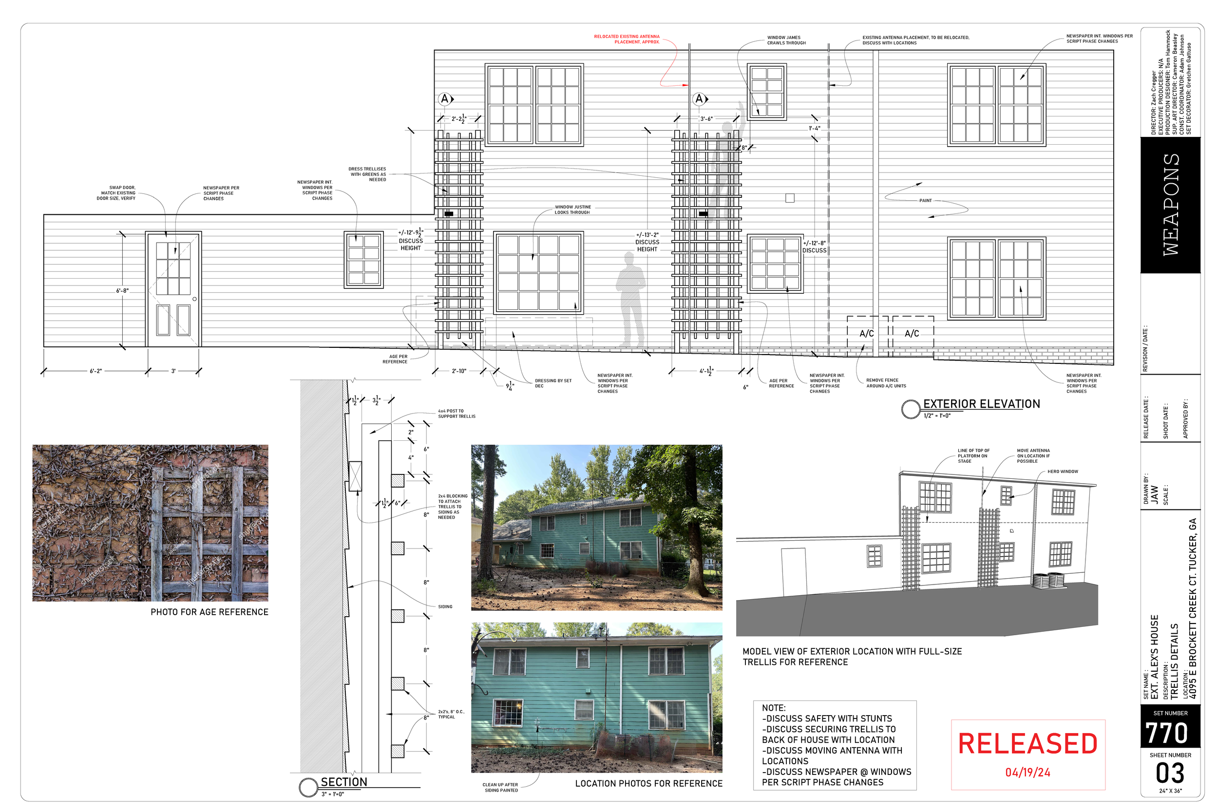  Elevation &amp; details for the lattice that James scales to break into Alex’s House 