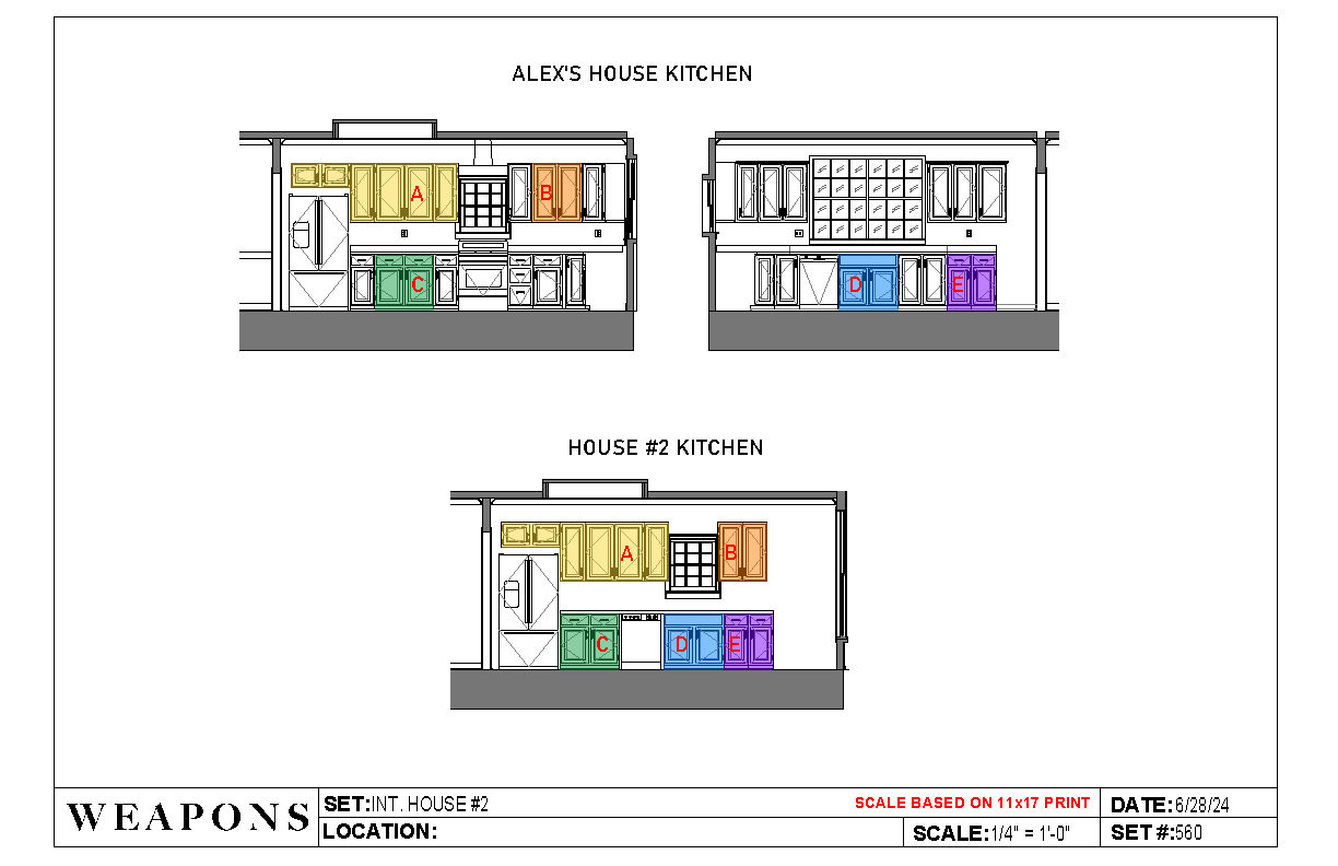  Elevations showing how to rearrange &amp; reuse Alex’s Kitchen for House #2 Kitchen in the climactic chase scene 