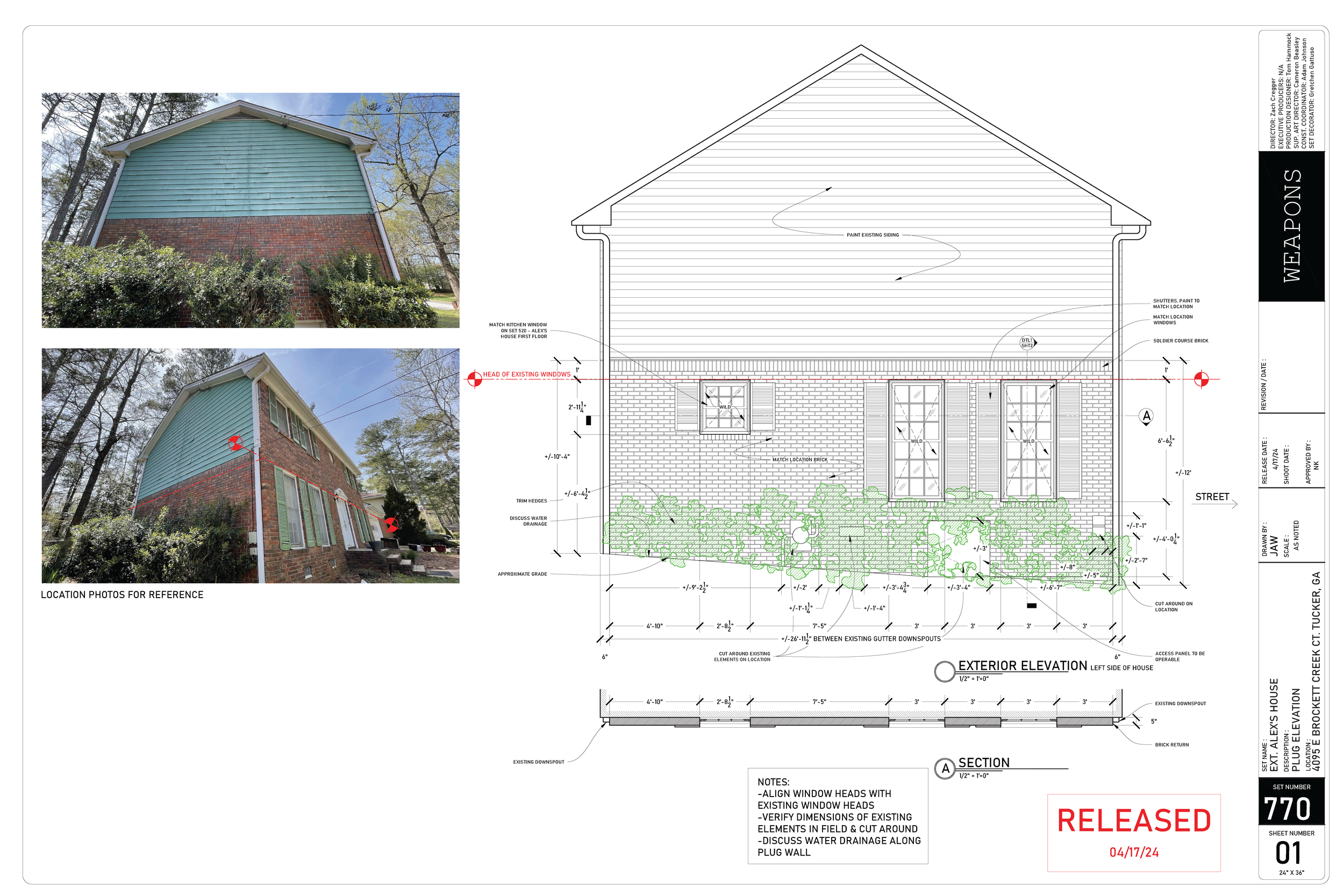  Elevation showing how to match windows on our exterior location to the interior stage build set 