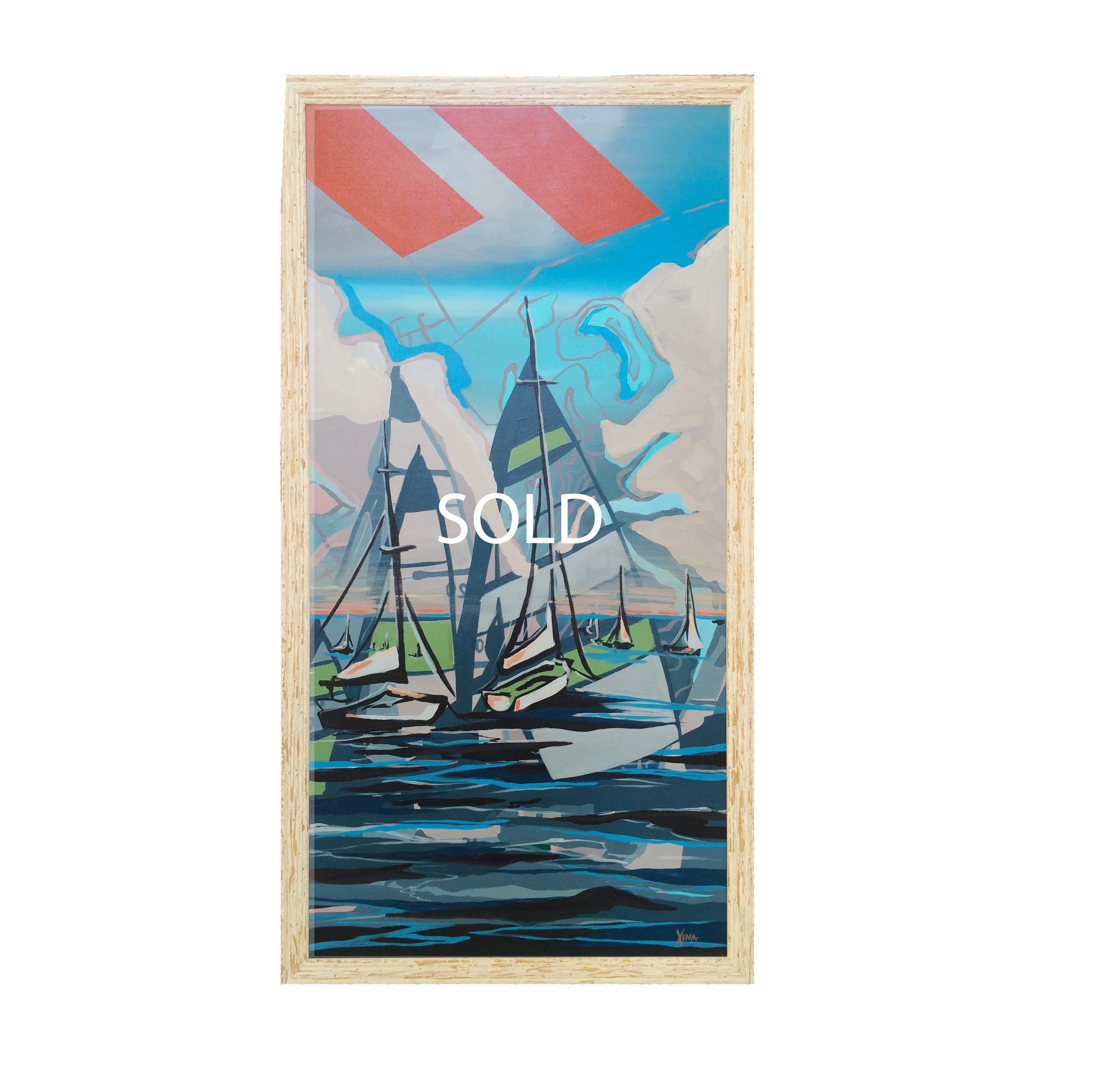 CÉU AZUL CÉU AZUL: meaning blue skies in Portuguese. This is the brightest piece in the collection with layers of clear blue skies and seas for the perfect day out on the water. This day is a sailor's dream. Custom Larson Juhl frame made of 100% distressed wood | 20 x 38