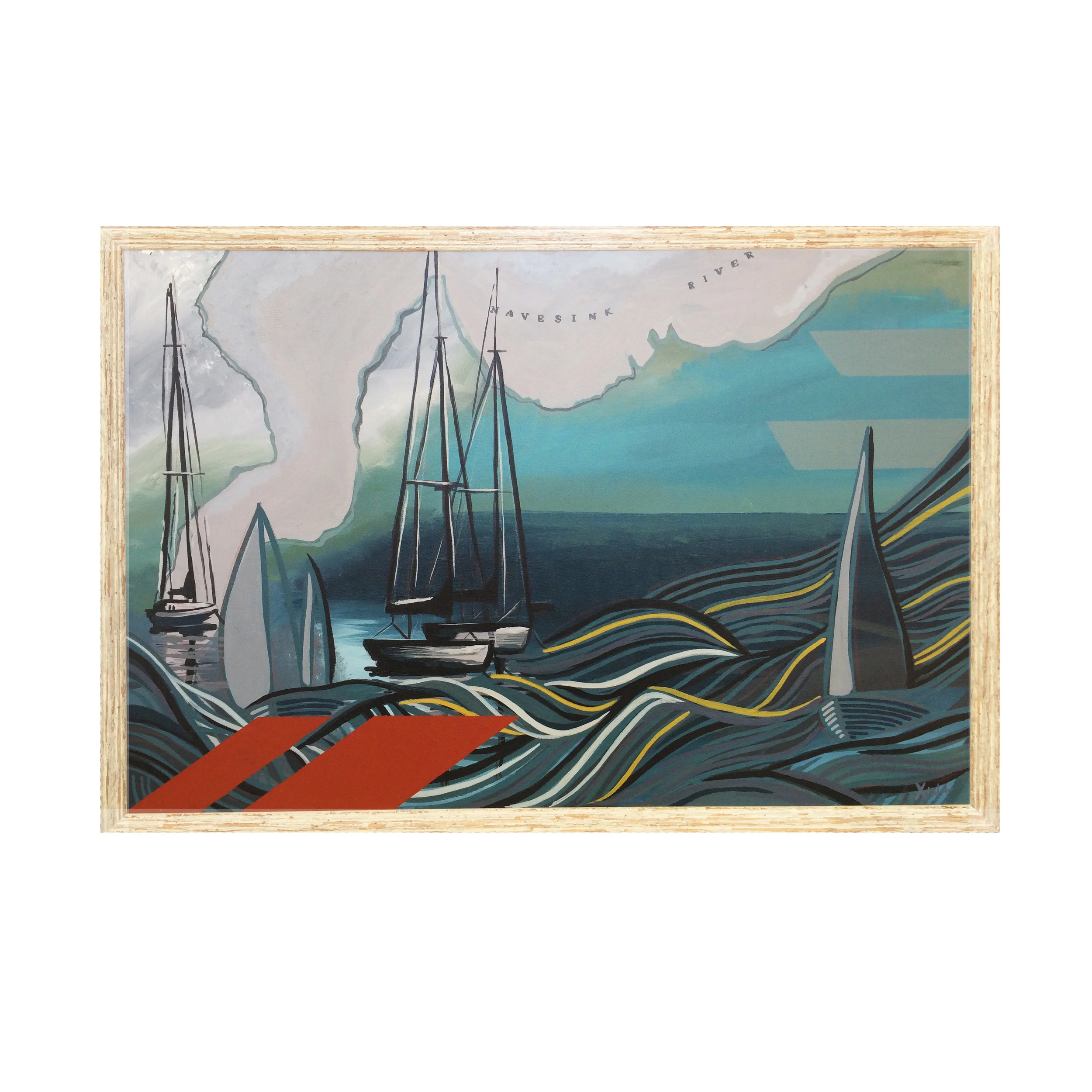 REVERIE This stormy piece has a whimsical twist. A set of sailboats wait on flat seas, while in their daydreams, their boats are in full sail on high seas. Custom Larson Juhl frame made of 100% distressed wood | 38 X 26
