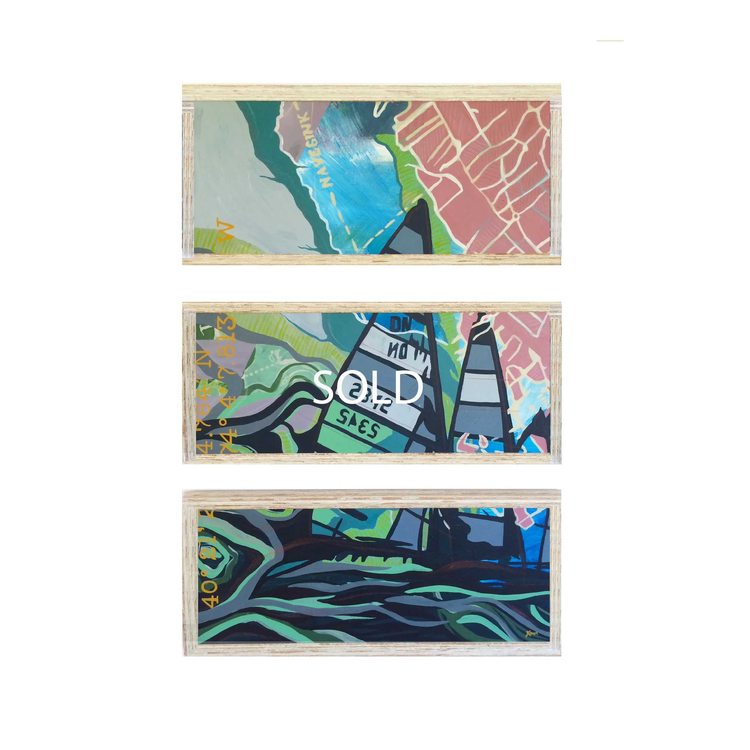 HOME This is one of the most unique pieces in the collection. A triptych piece featuring vibrant colors running through the sailboats, high seas and the Navesink River. The background is filled with layers of nautical coordinates and topographic maps of Monmouth County. Custom Larson Juhl frame made of 100% distressed wood | 3 frames 14 x 32 | Hangs at 14 x 45
