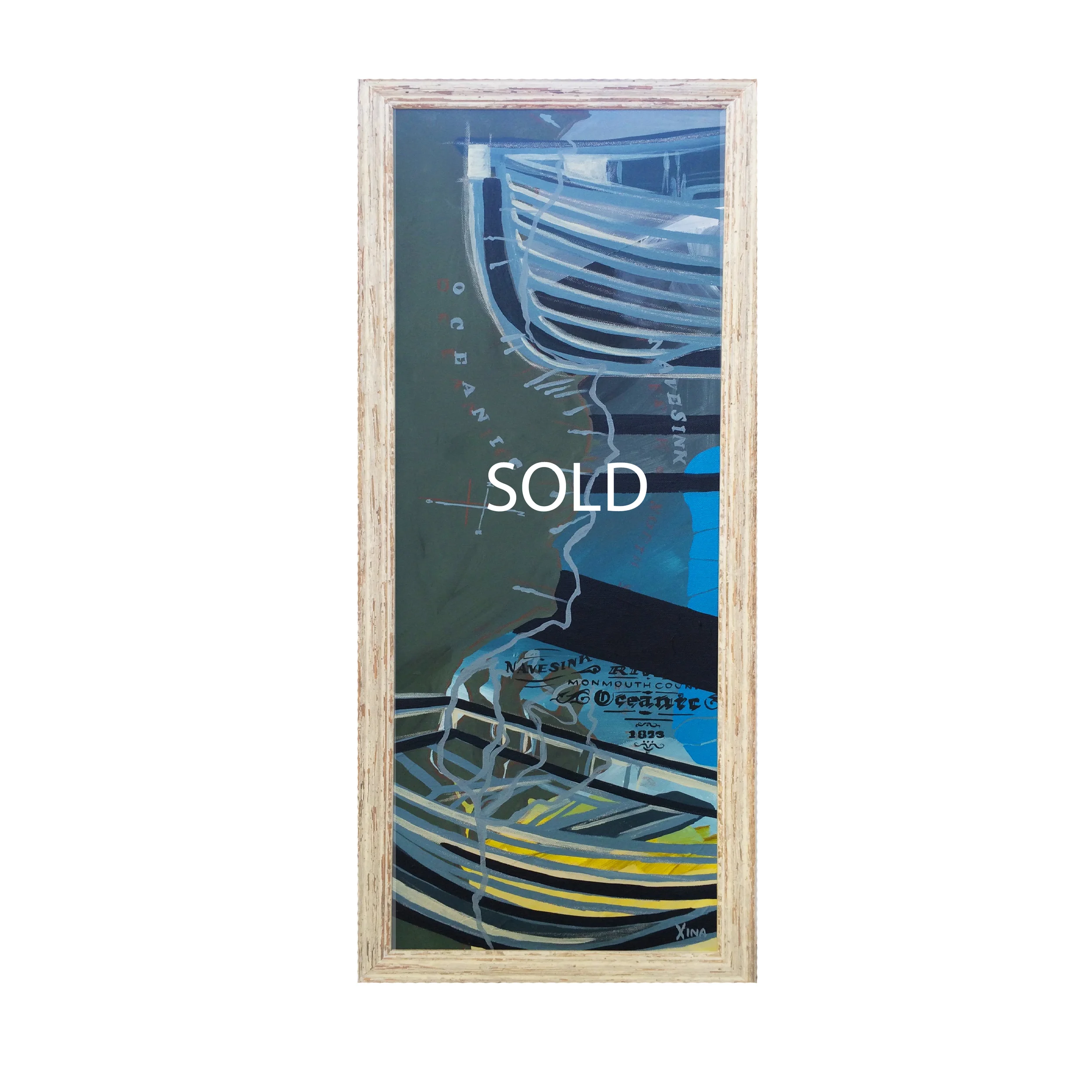 ROW This gorgeous piece features a land surveyors map from 1873 of the southern Navesink coastline and technical drawings of wooden row boats. Custom Larson Juhl frame made of 100% distressed wood | 12 X 32