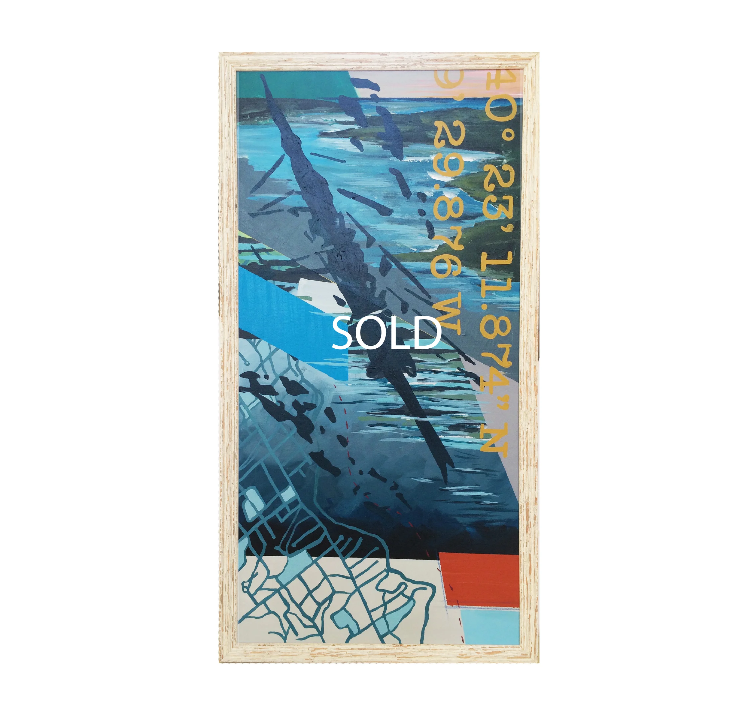 CREW As a former rower, I had to paint one collection piece about crew. This piece features an 8 seat crew boat, a map of Red Bank, the Navesink coastline and its nautical coordinates. Custom Larson Juhl frame made of 100% distressed wood | 20 X 38