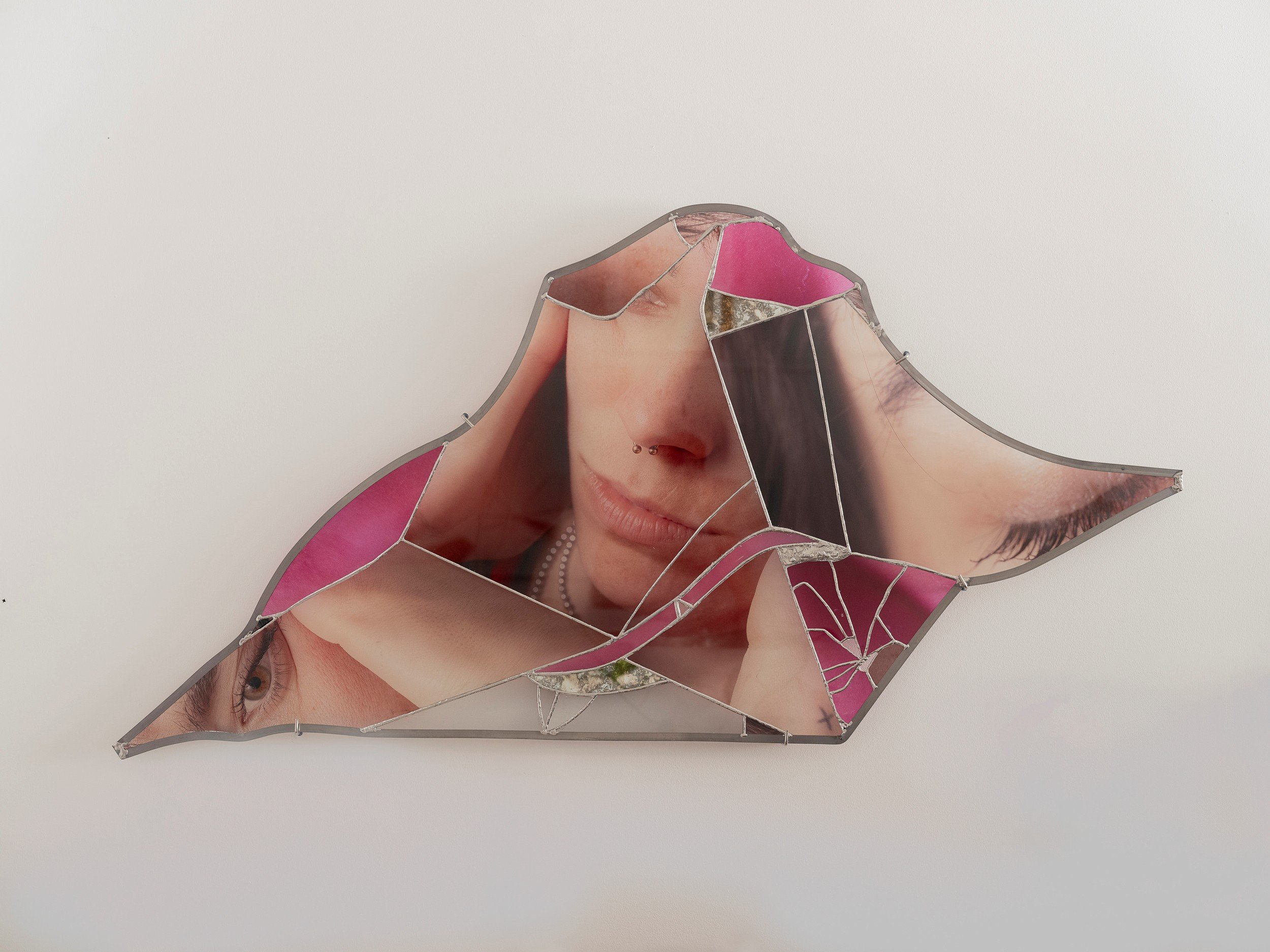 Ryan Van Der Hout, Edge State, 2024. UV print on glass, solder, copper, stainless steel, varnish. 62" x 32" x 2". Unique.