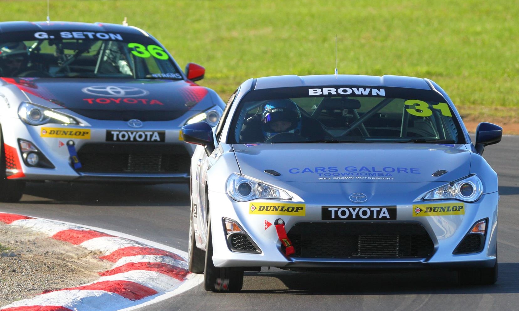 Cars Galore driver Will Brown shows a clean pair of heels to 2X former Australian Touring Car Champion Glenn Seton, during the Toyota 86 race at Winton