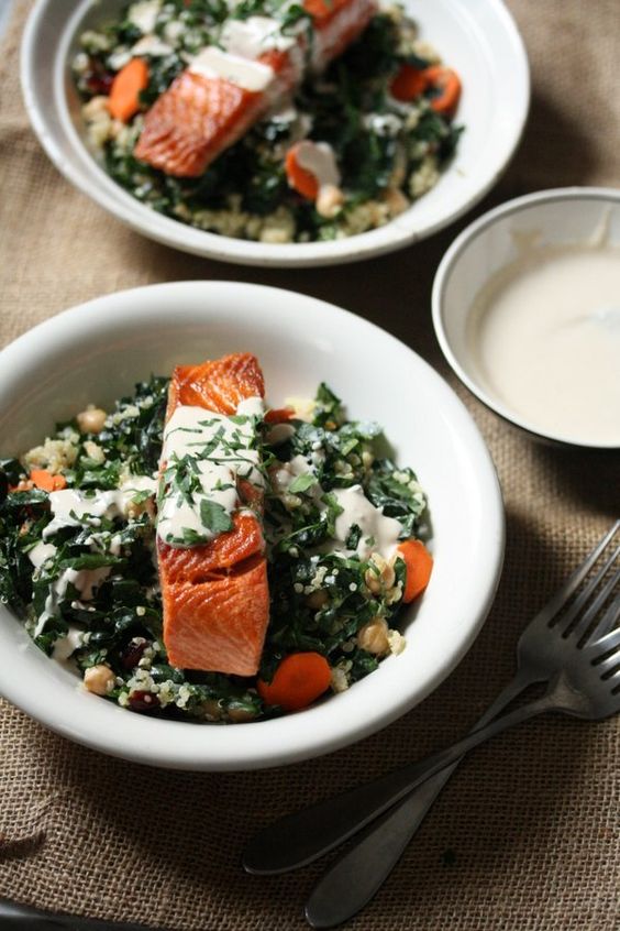 http://tastykitchen.com/recipes/main-courses/salmon-and-quinoa-bowls-with-kale-and-tahini-yogurt-sauce/