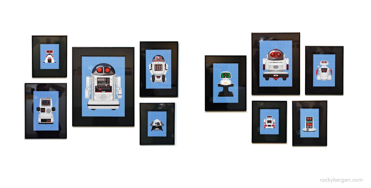  Tomy Robots - Complete Series, hung "family style". 