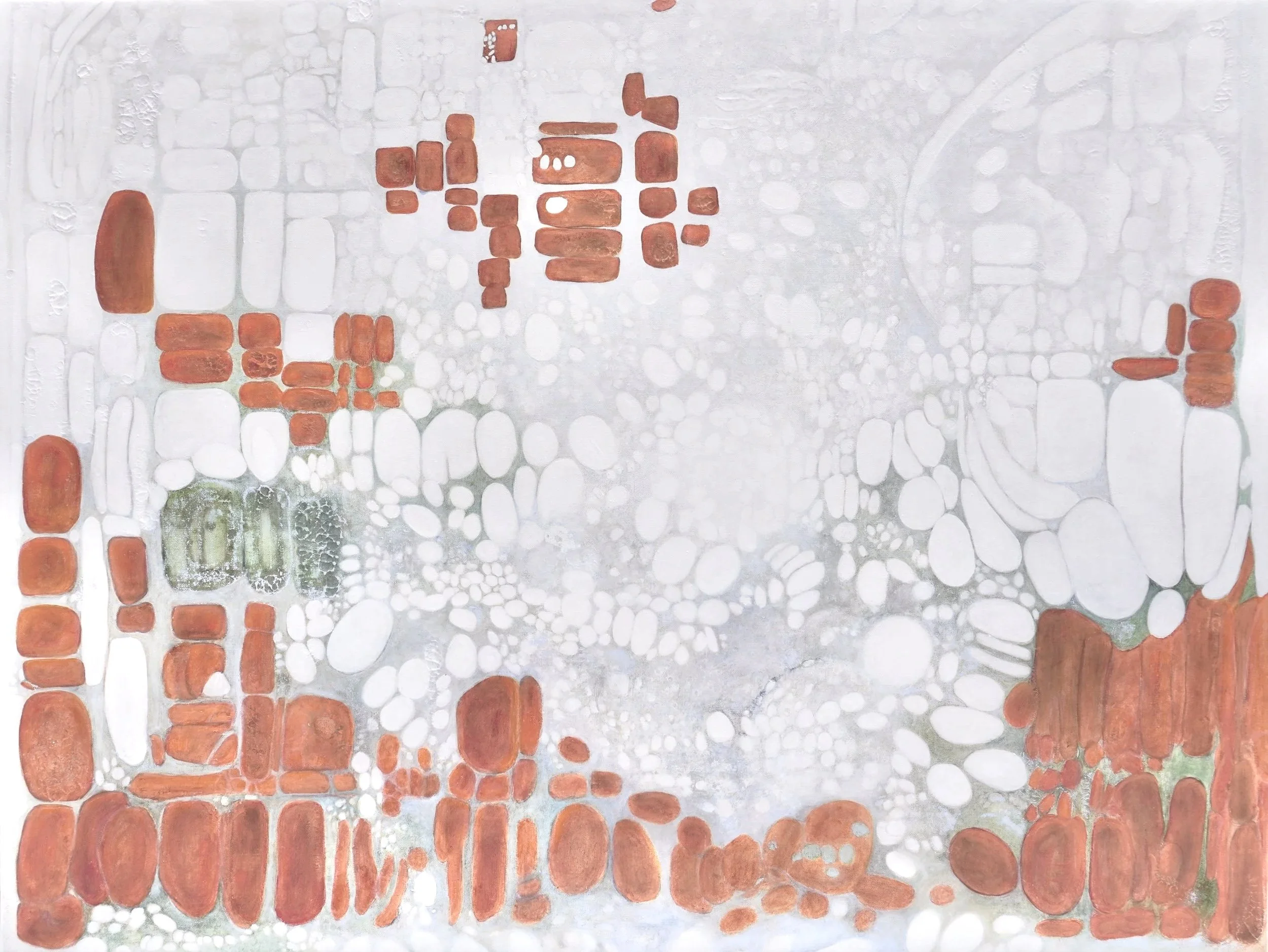Birthing Elephants from Stone, oil, mineral pigments, casein, ash and cold wax on canvas, 36 x 48 inches