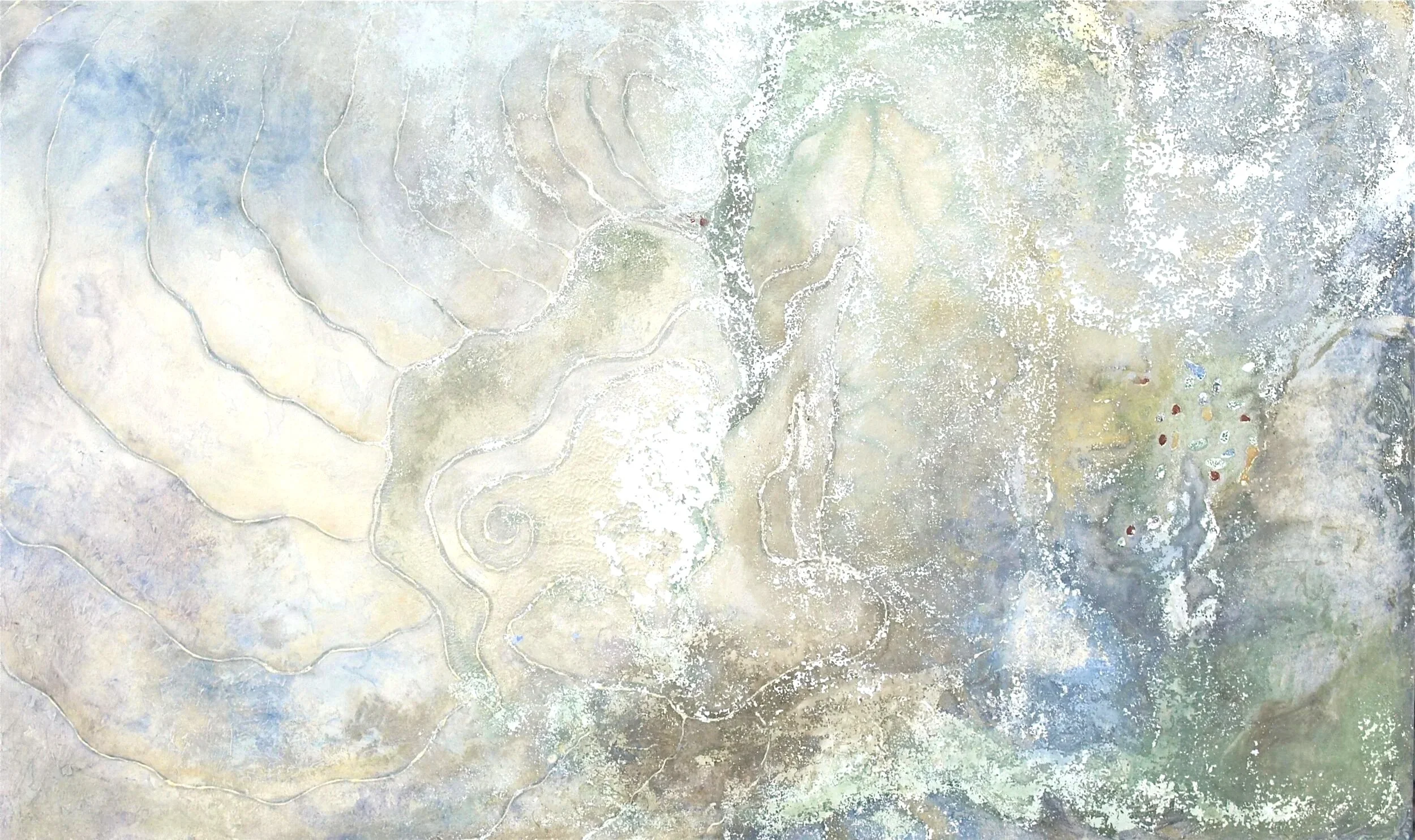 Prelude, casein, acrylic, paper, mica, mineral and ash on canvas, 36 x 60 inches, private collection