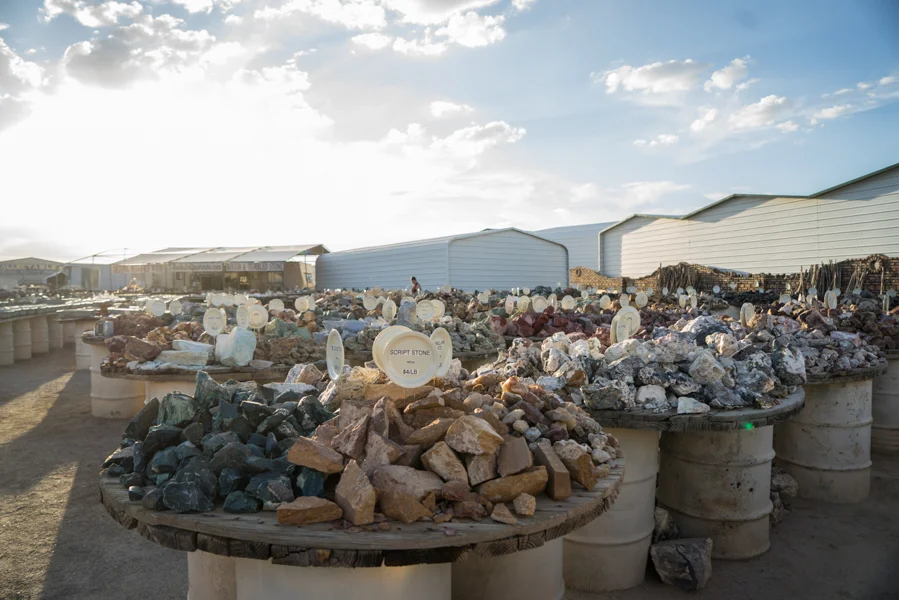 T-Rocks, Quartzsite, AZ The first stop that we made in the state of Arizona was in a town called Quartzsite. One of many roadside rock shops that dot the highway, this place stood out due to their gigantic selection of gems and stones. We took our time looking around as the sun set over the surrounding hills. We left with a few geodes, stones, and fossils. I even managed to snag a cheap "grab bag" full of many small and interesting fossils. Arizona loves their rocks and we were happy enough to pick a few up as souvenirs and gifts.