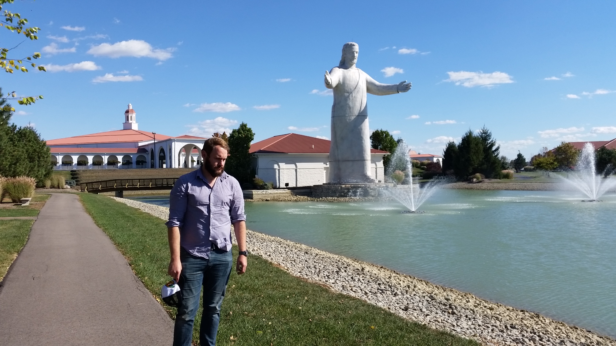 Jason disappointed that on our way to Cincinnati the fabled "big butter Jesus" was remade to a smaller, less fun statue