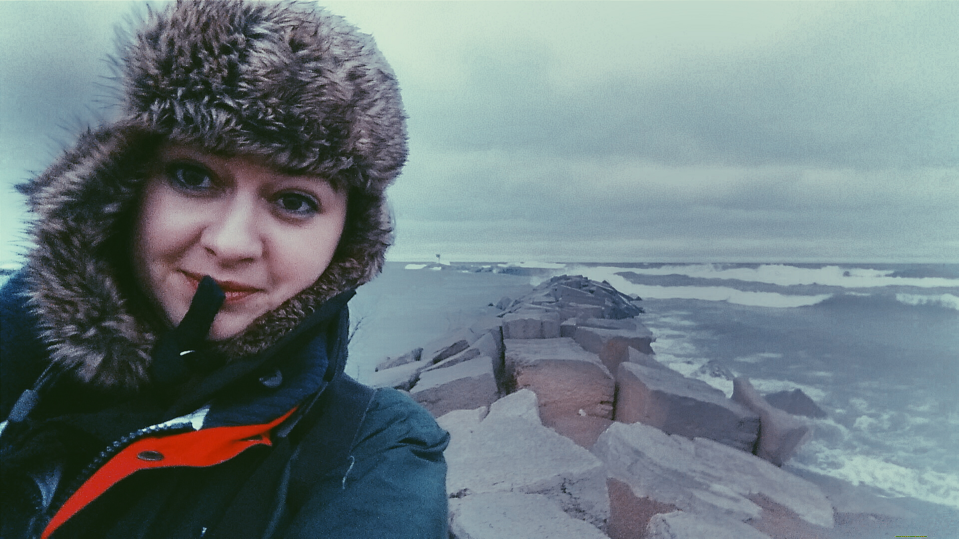 Jenny ready for the Lake Michigan cold