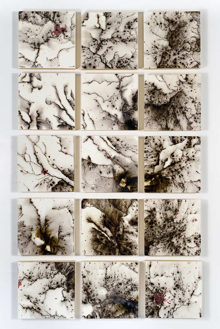 Mississippi River . Gunpowder and ink on paper (35x54x2"). Group project from the NACIS Gunpowder Mapping Workshop, October 2015. Photograph by Brett Kallusky.