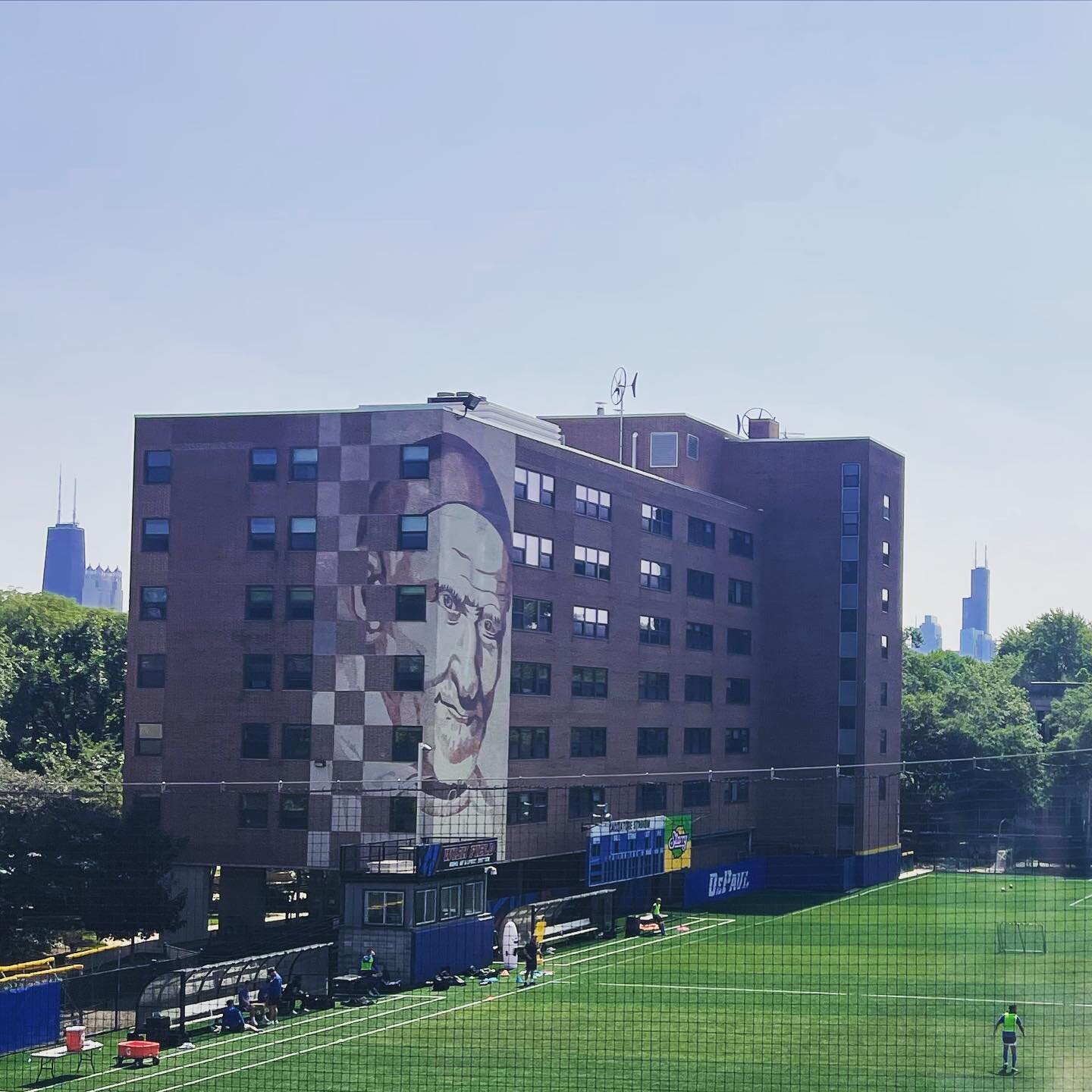 Sissy&rsquo;s room with a view: both towers, athletic field and a cool mural.