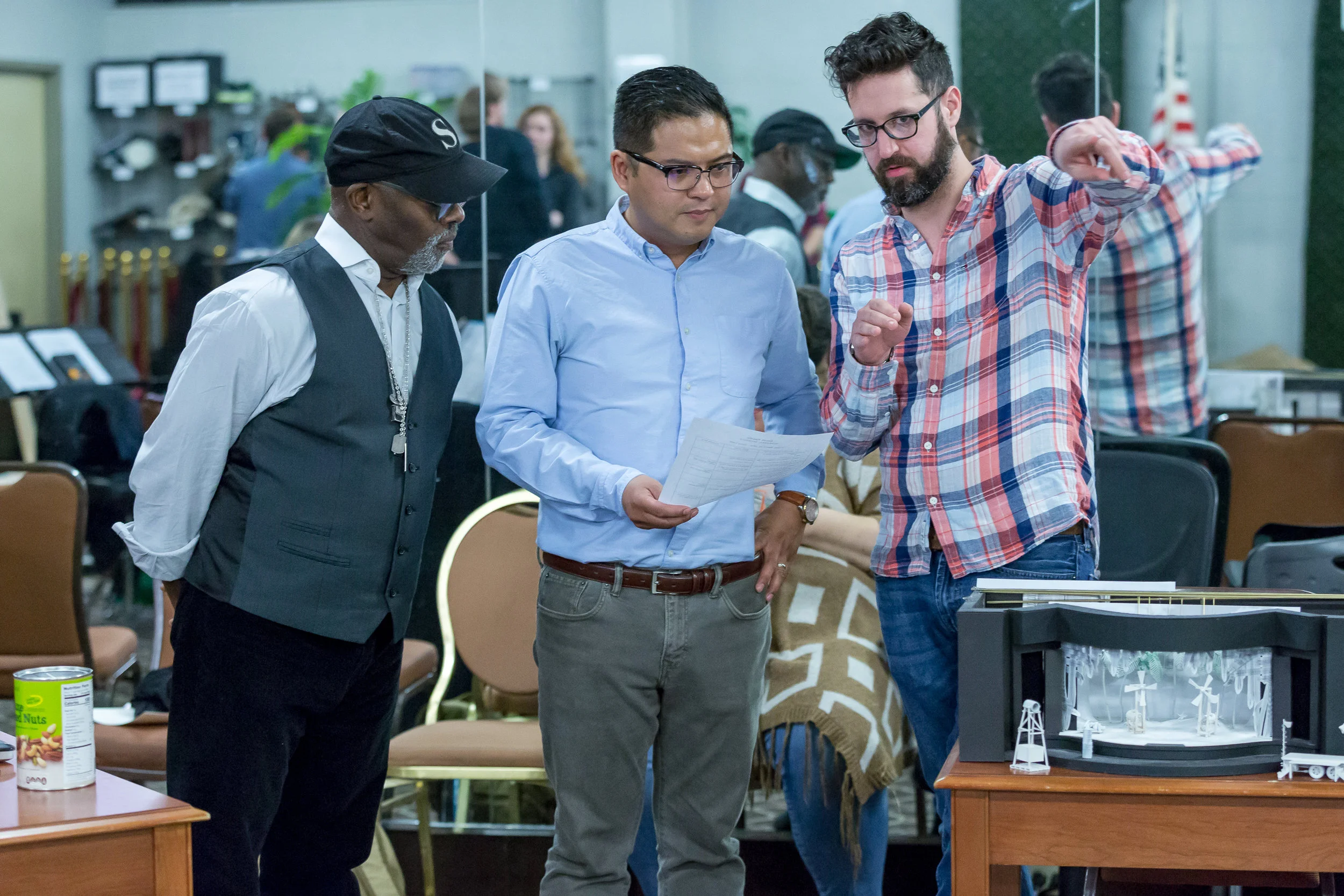 Otis Sallid (Choreographer), Victor Malana Maog (Director), and Neal Kowalsky in rehearsal for South Pacific at Drury Lane Theatre (Illinois) Spring 2018