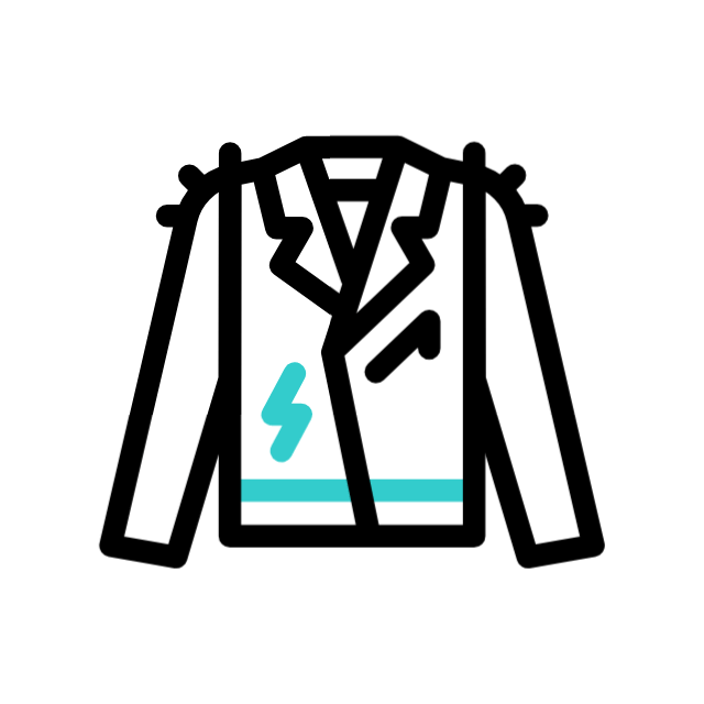 Line drawing of a firefighter's uniform with a lightning bolt symbol and a horizontal stripe.