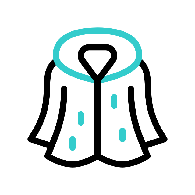 Line drawing of a raincoat with a hood, outlined in black with teal accents.