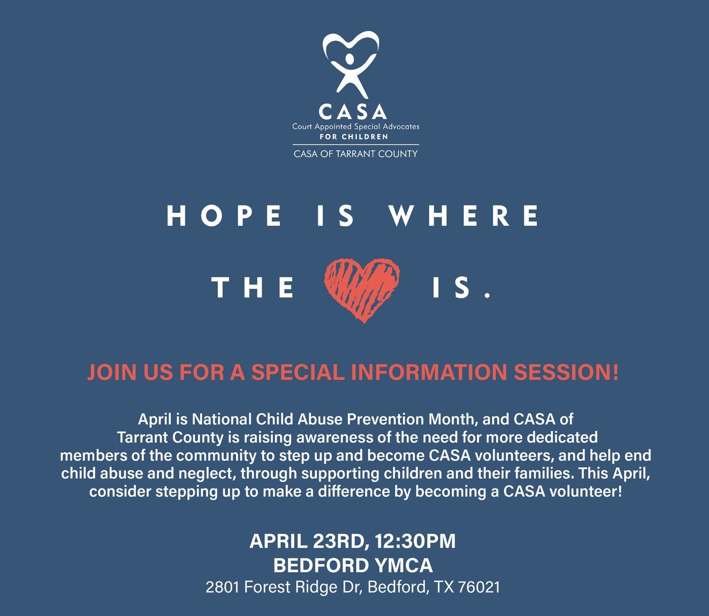 Join us for a special information session during Child Abuse Prevention Month at the Bedford YMCA! 🌟 Discover how you can make a difference in a child's life by becoming a CASA volunteer. CASA volunteers advocate for the best interests of children i