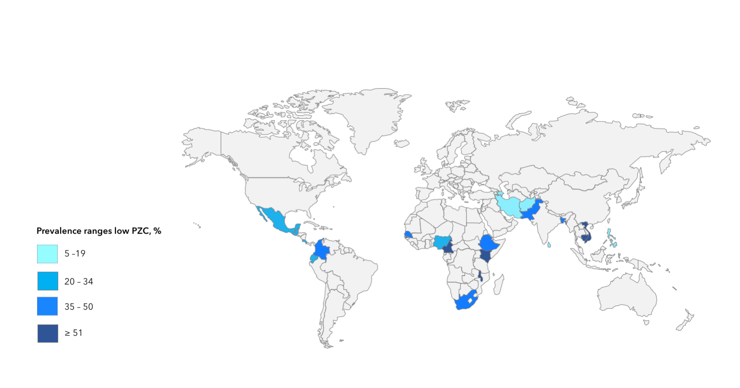 Percentage of pre-school children with low plasma or serum zinc concentrations. Map generated from data in the World Health Organization’s Vitamin and Mineral Nutrition Information System Micronutrients Database.