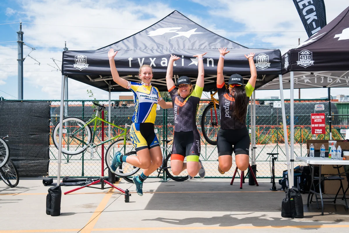 Michele Blackburn, Caden Stergius and Lorena Oblitas pose for the podium