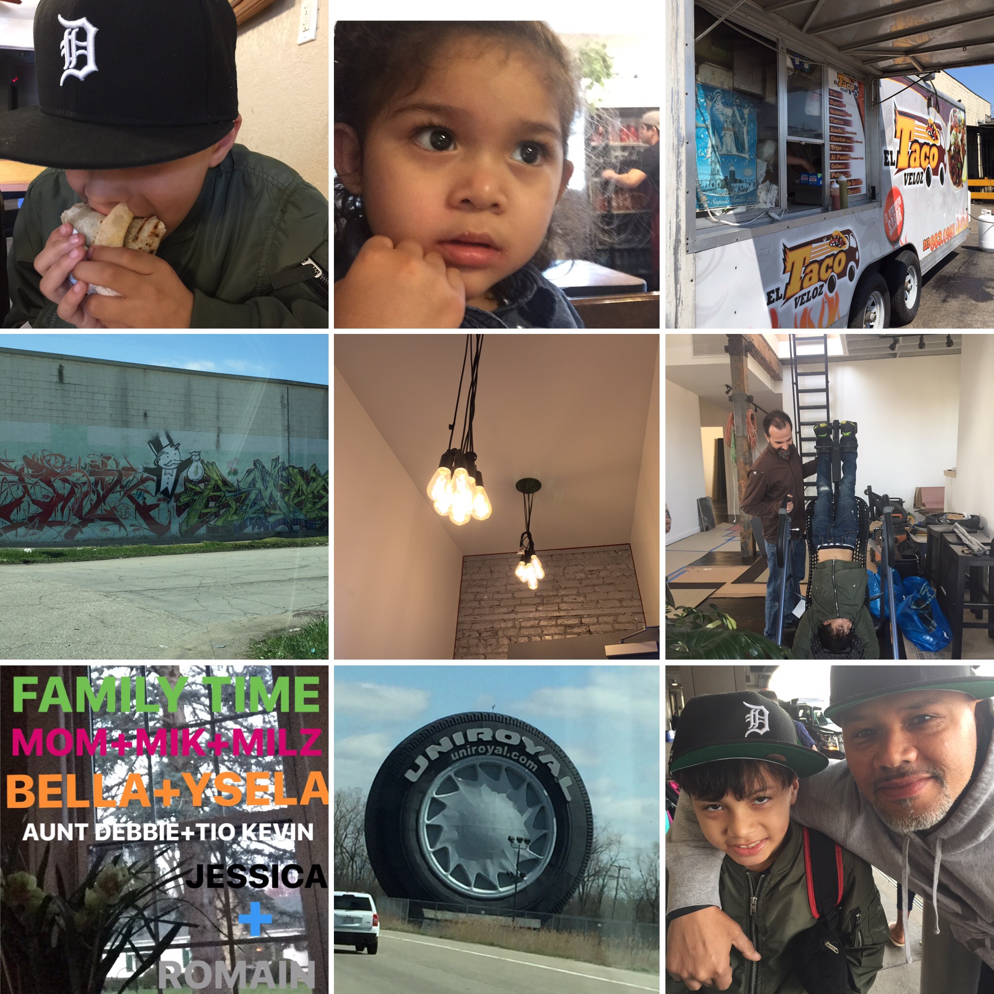 My mom took a bunch of pictures in Detroit. I always see the big tire when I leave the airport. The baby is my cousin Ysela and she is strong! The taco truck had the best steak taco and Romain had this cool thing that turned me upside down. Oh and my dad bought me a new Detroit hat for my trip. I love my Dad.