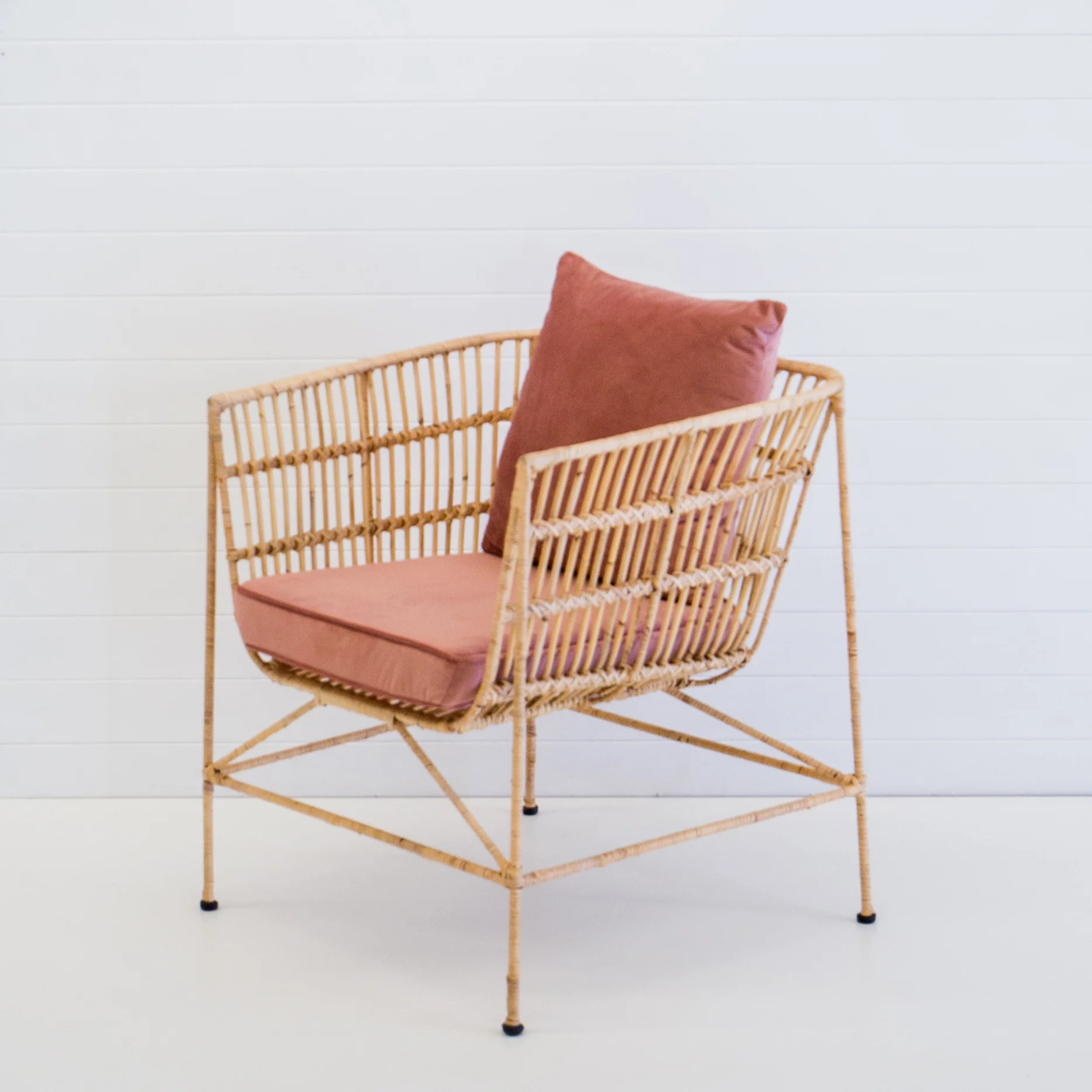 Indie Natural Armchair With Dusty Pink Cushions Hampton Event Hire