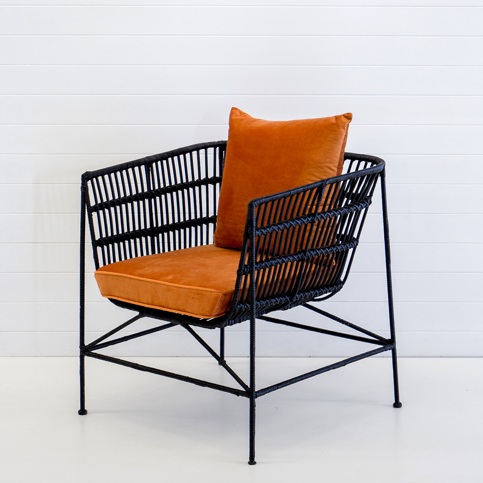 Indie Black Armchair With Rust Velvet Cushions Hampton Event Hire