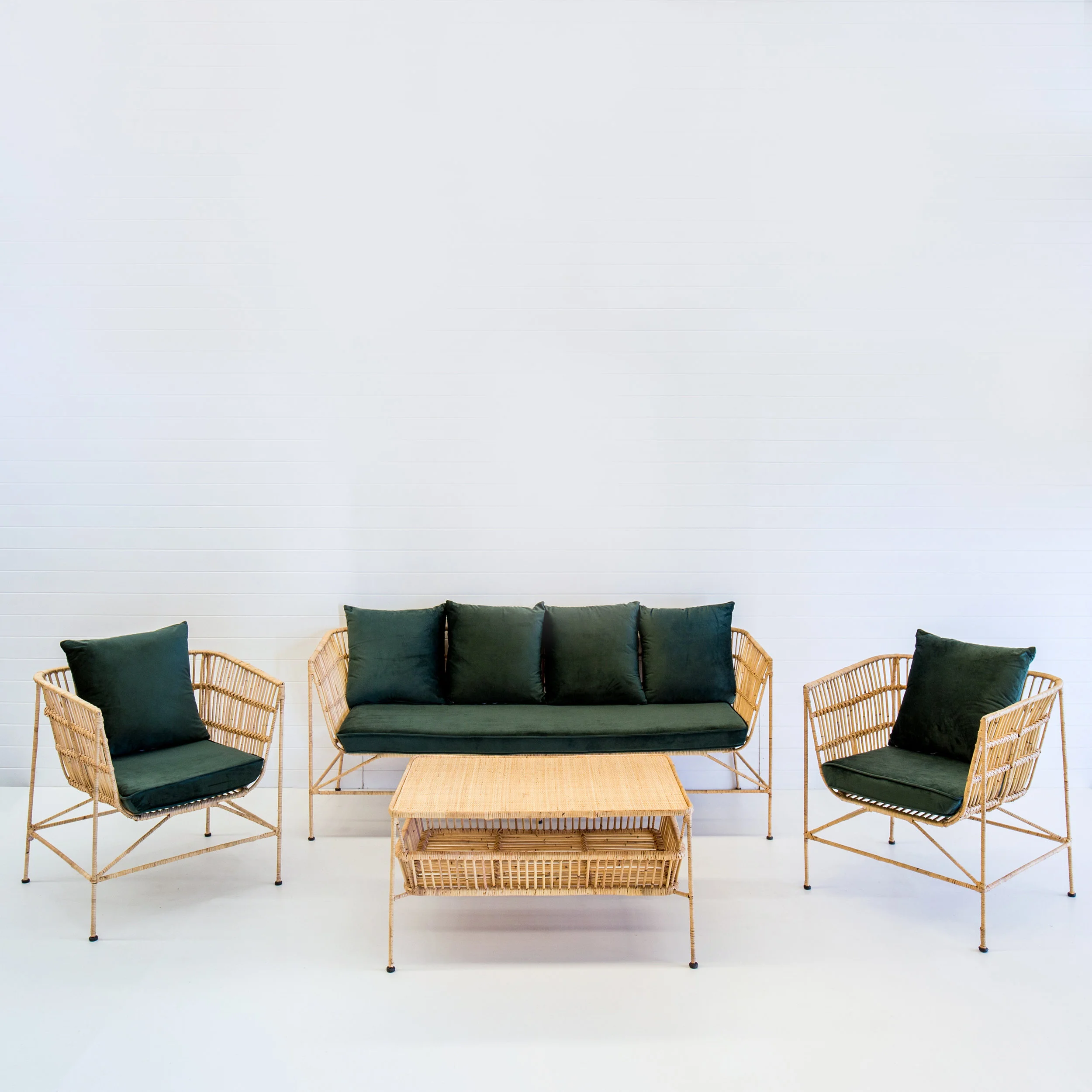Indie Natural Sofa Package With Emerald Velvet Cushions Hampton Event Hire Wedding & Event