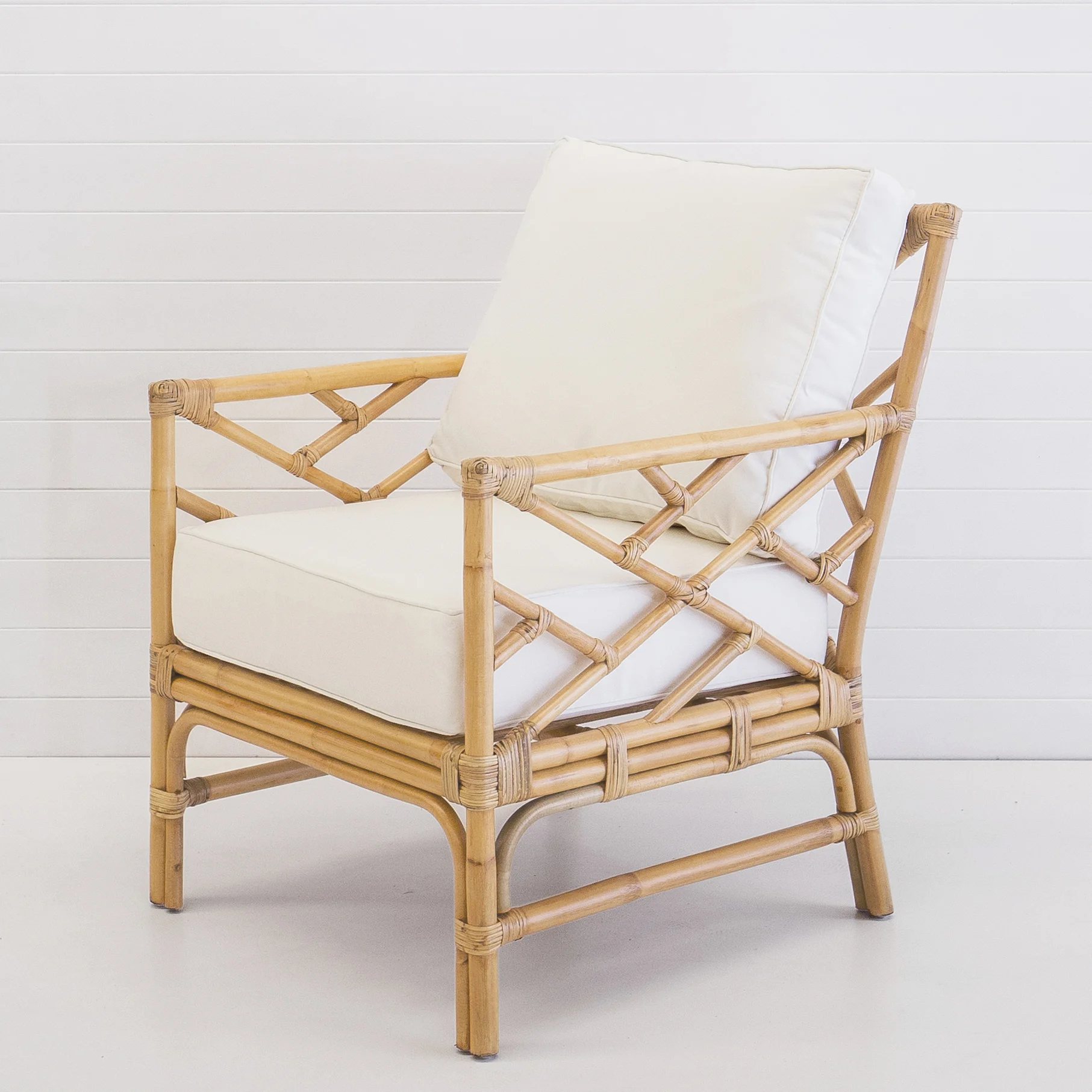 Hamptons Blonde Armchair (With White Cushions) Hampton Event Hire