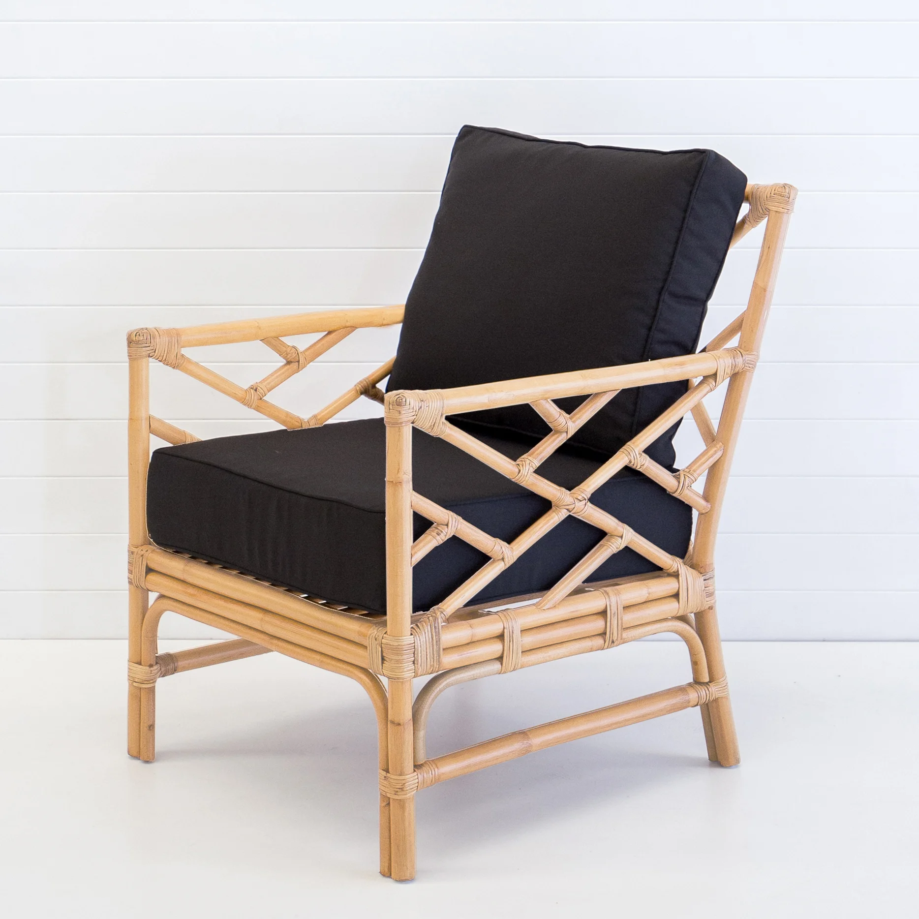 Hamptons Blonde Armchair (With Black Cushions) Hampton Event Hire
