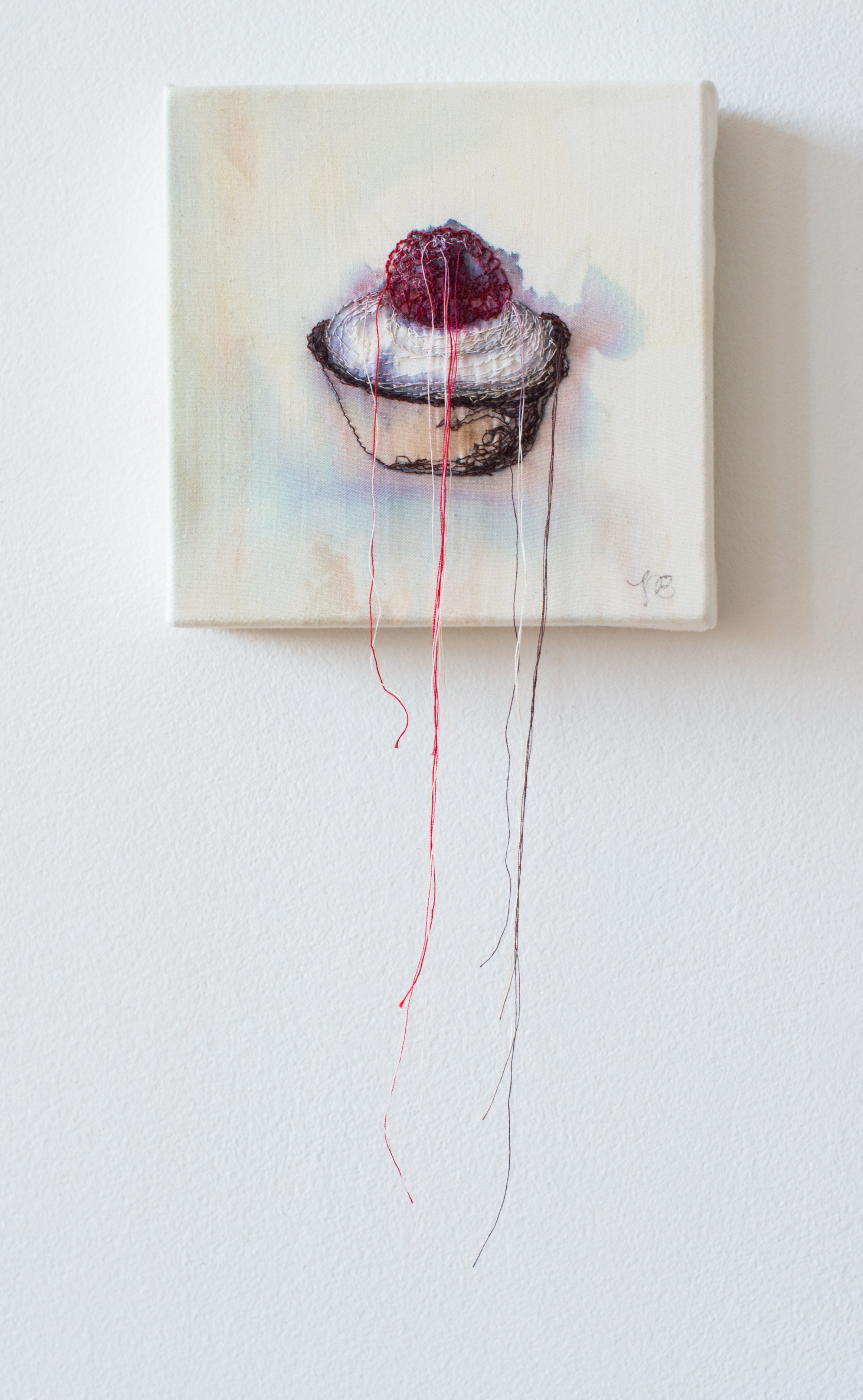   Petit Four avec Framboise   Sewing/ Embroidery with Watercolor and India Ink on Muslin  2013  Photo: Julie Dietz Photography 