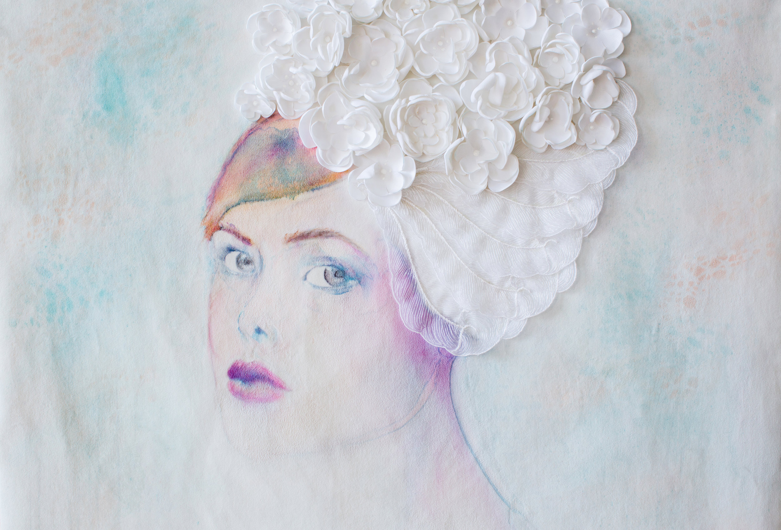   Elle with Flowers (Detail)   Mixed Media on White Velvet  2013  Photo:  Julie Dietz Photography &nbsp; 