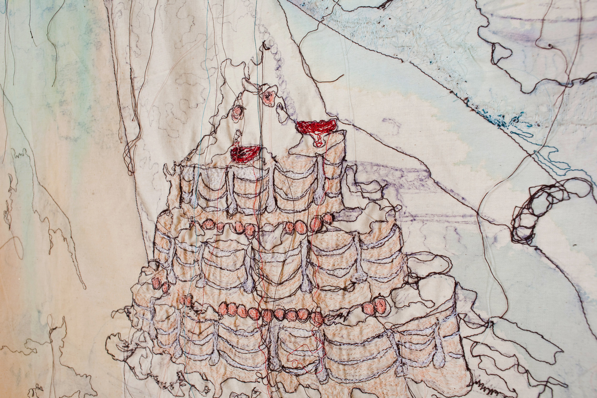   Let Them Eat Cake! (Detail)   Sewing/ Embroidery with Watercolor and India Ink on Muslin  2009  Photo:  Daniel Shea  