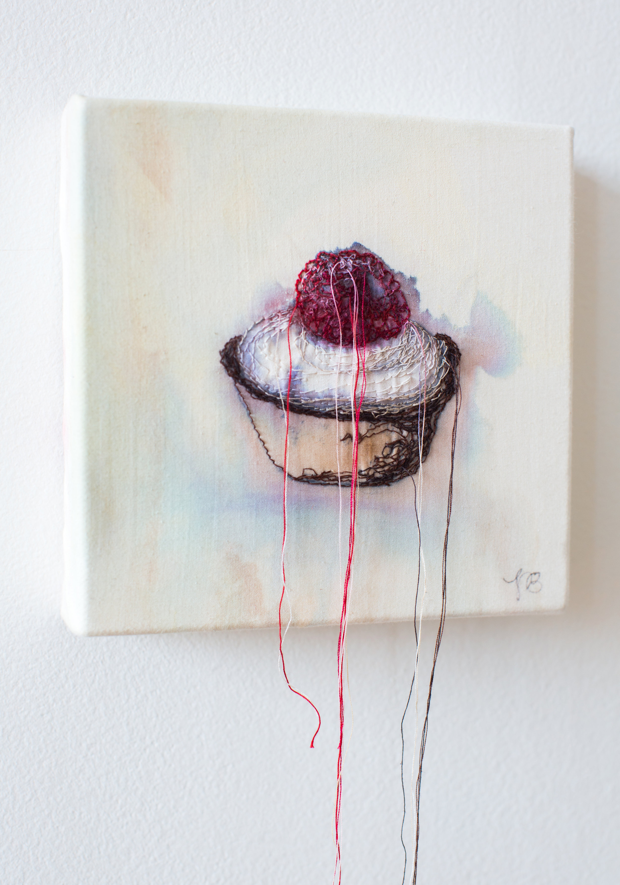   Petit Four avec Framboise (Detail)   Sewing/ Embroidery with Watercolor and India Ink on Muslin  2013  Photo:  Julie Dietz Photography  