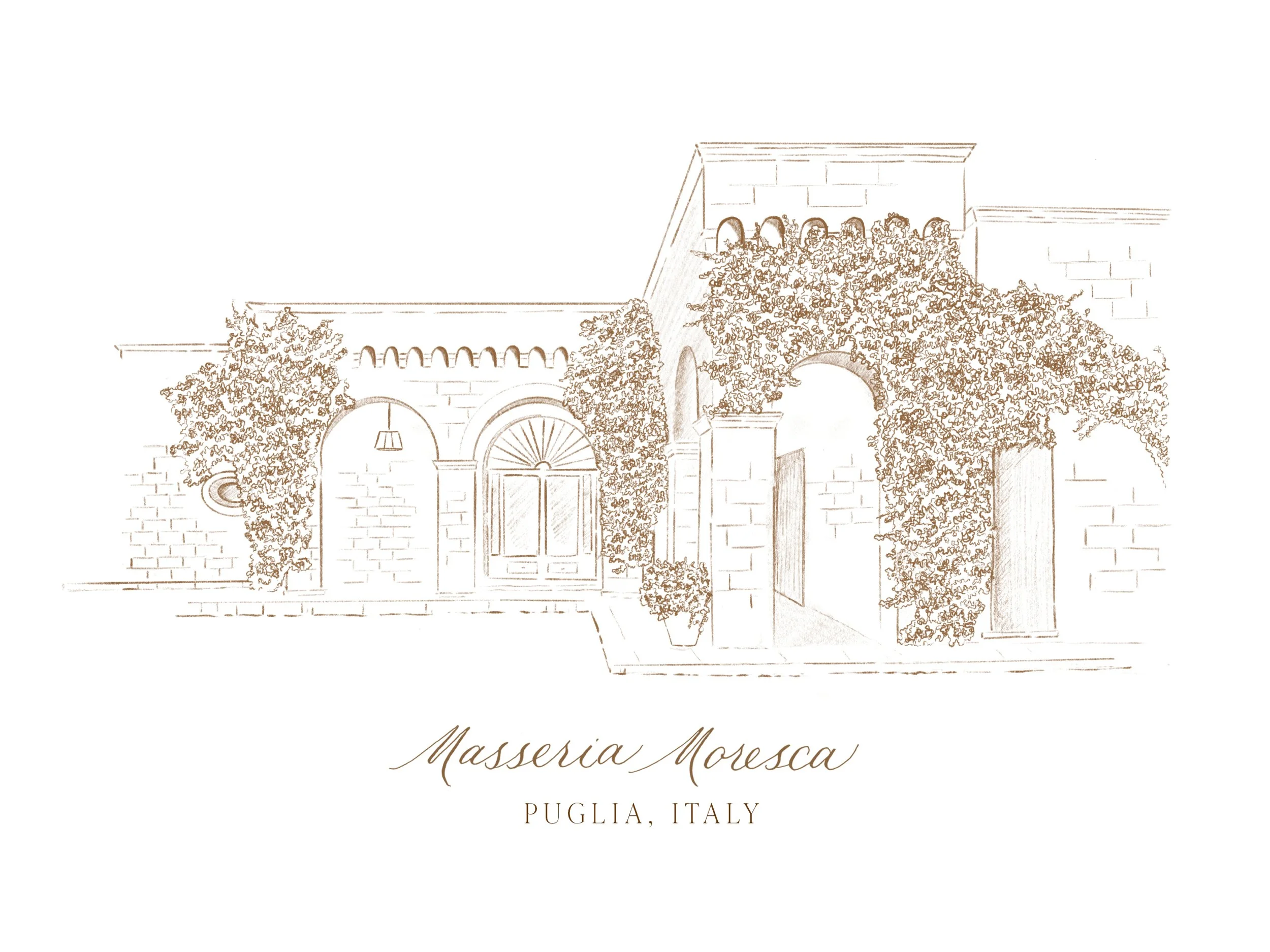 Hand illustrated venue 'Masseria Moresca Puglia, Italy' destination wedding