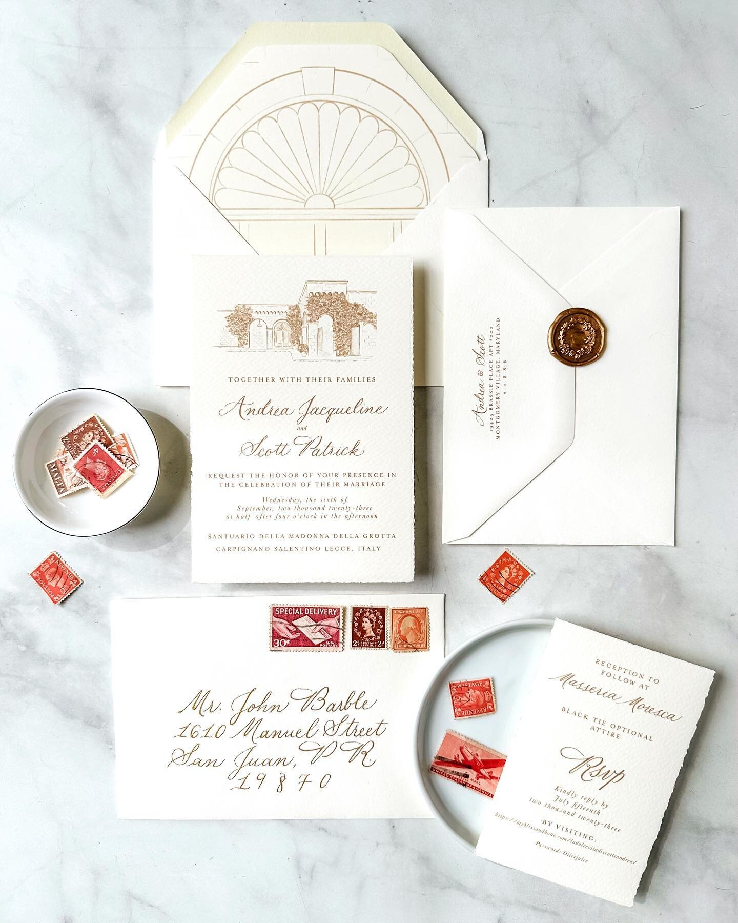 Andrea &amp; Scott&rsquo;s invitation suite is a combination of clean and romantic. Making the venue in their Puglia destination wedding, the star of the show&hellip;and I&rsquo;m all for it! 
.
.
#destinationwedding #pugliawedding #invitationsuite #